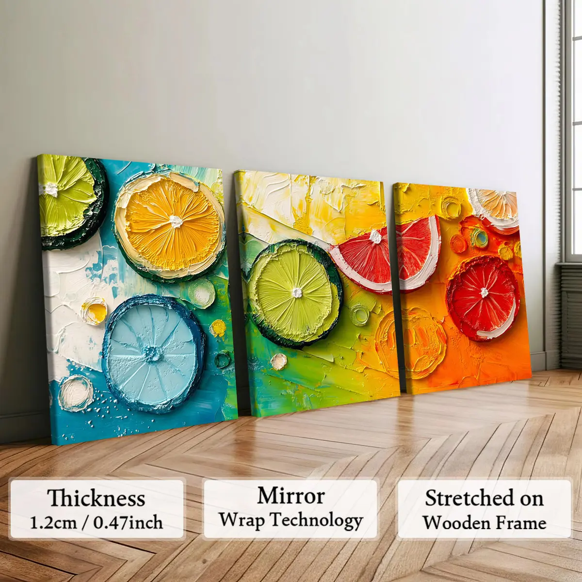 2D print, 3-piece framed canvas, colorful citrus fruit slice image, exquisite poster, home decor, pattern, suitable for living room, bedroom, office, restaurant, bar wall, odorless, painting, printed artwork, bedroom wall, dining room, art poster, decorat