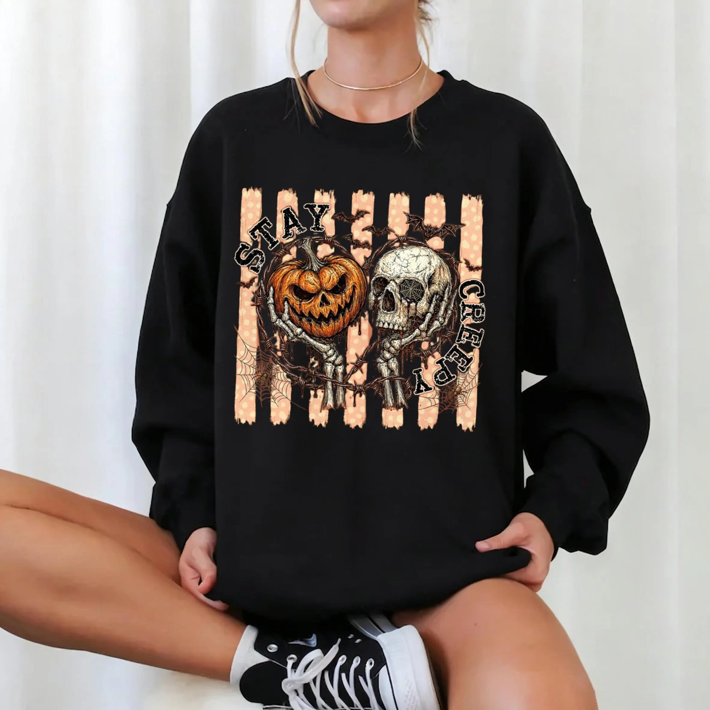 Women's "Stay Creepy" Halloween Graphic Sweatshirt, Vintage Oversized Pullover Top in Soft Cotton Fabric, Casual Streetwear for Sweatpants, Birthday Gift, Prints, Everyday, Longsleeves, Comfortable, Long Sleeve, Loose, Classic Crew, Soft Blend, Stretch Fa