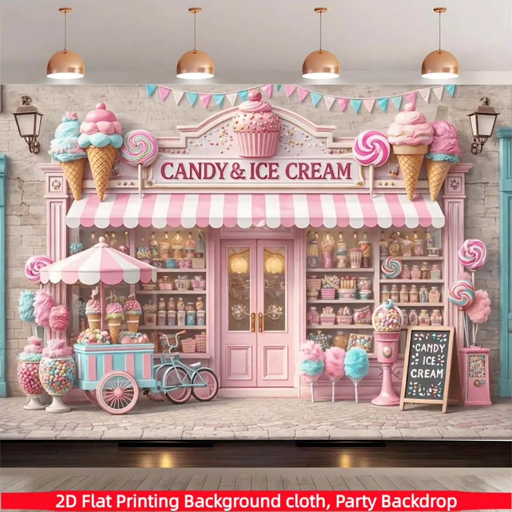1PC， Pink candy ice cream shop polyester background cloth banner, suitable for living room, bedroom, office, birthday, anniversary and home decoration, outdoor and indoor parties, photography background cloth, birthday party supplies