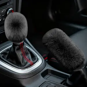 2PCS Plush Car Gear Shift Knob Cover & Handbrake Cover, Shift Knob Protector, Soft Fluffy Gear Handbrake Protective Sleeves, Shifter Lever Brake Handle Warm Plush Set Cars (Black)