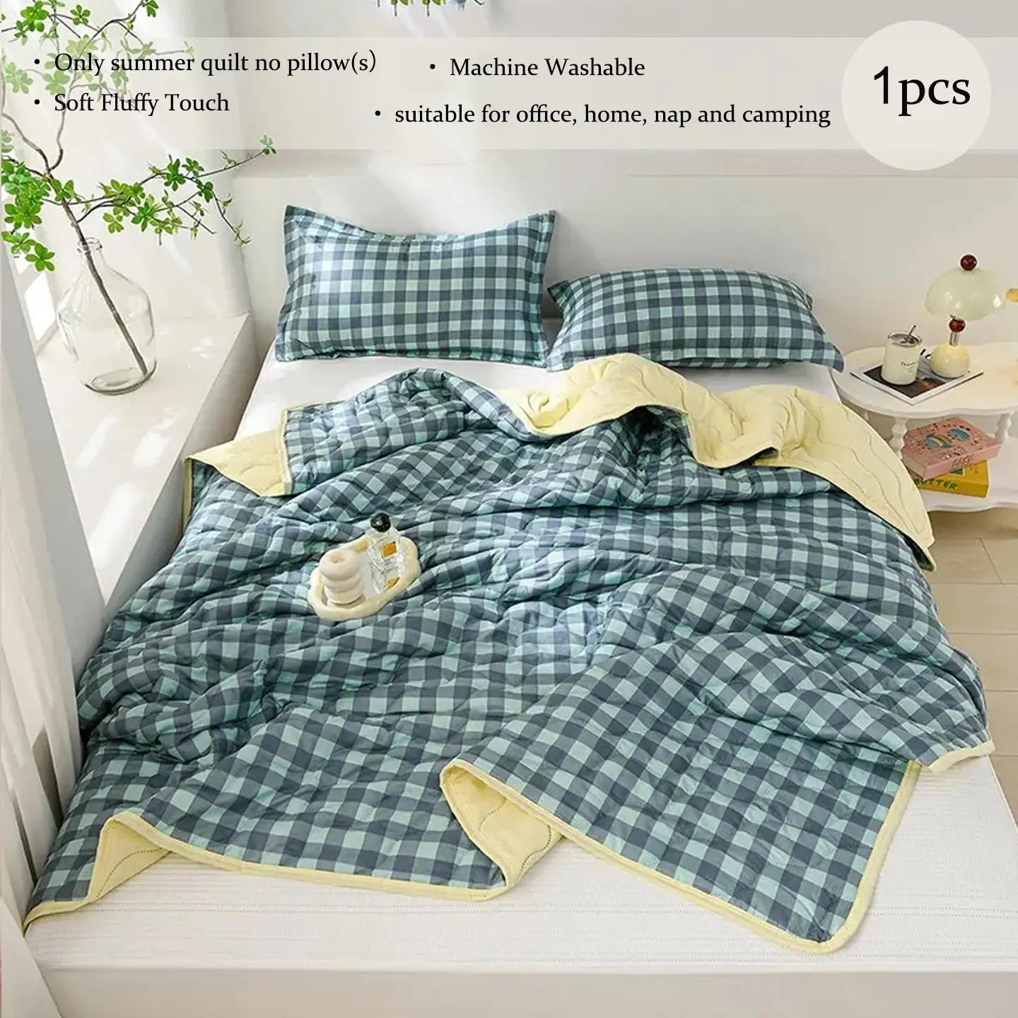 1pc Teal Green Gingham Plaid Quilted All Season Quilt, Reversible Soft Lightweight Breathable Thin Comforter, Machine Washable, Checkered Bedding for Bedroom Couch Nap, Multiple Sizes (Only Quilt, No Pillowcases Included)