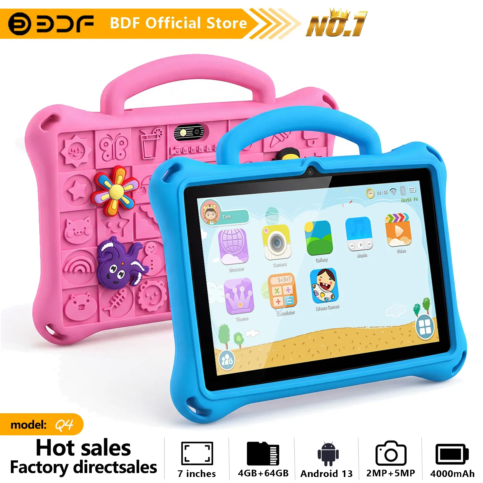Bdf 7-Inch Android 13 Tablet with Education Software, USB Charging, Quad-Core Processor, 4GB RAM, HD IPS Display, 64GB Storage, 4000mah Battery