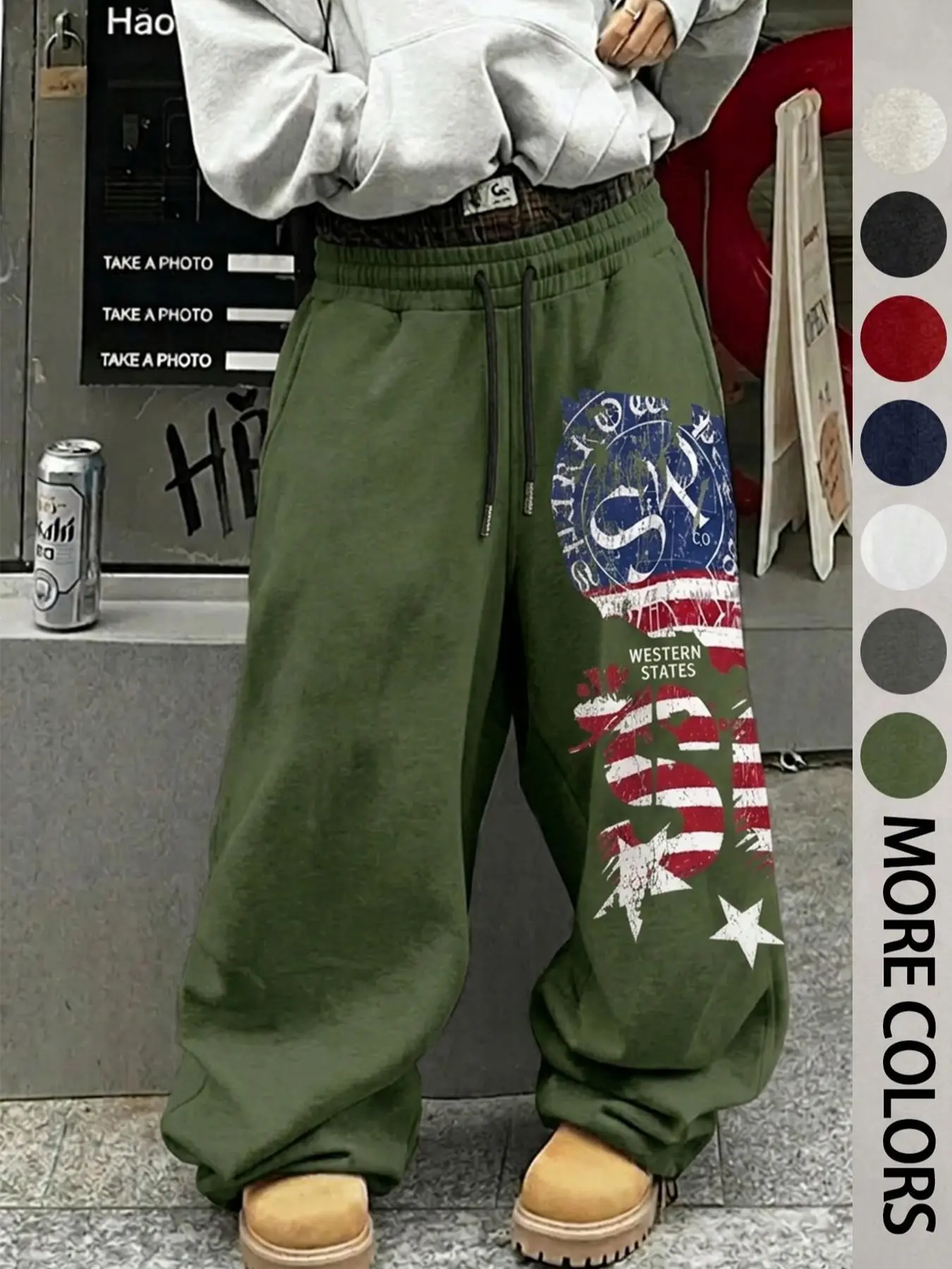 Men's Vintage Distressed Flag Pattern Sweatpants, Knit Drawstring Waist, Loose Fit, Casual Straight Leg, Multiple Colors, All Seasons