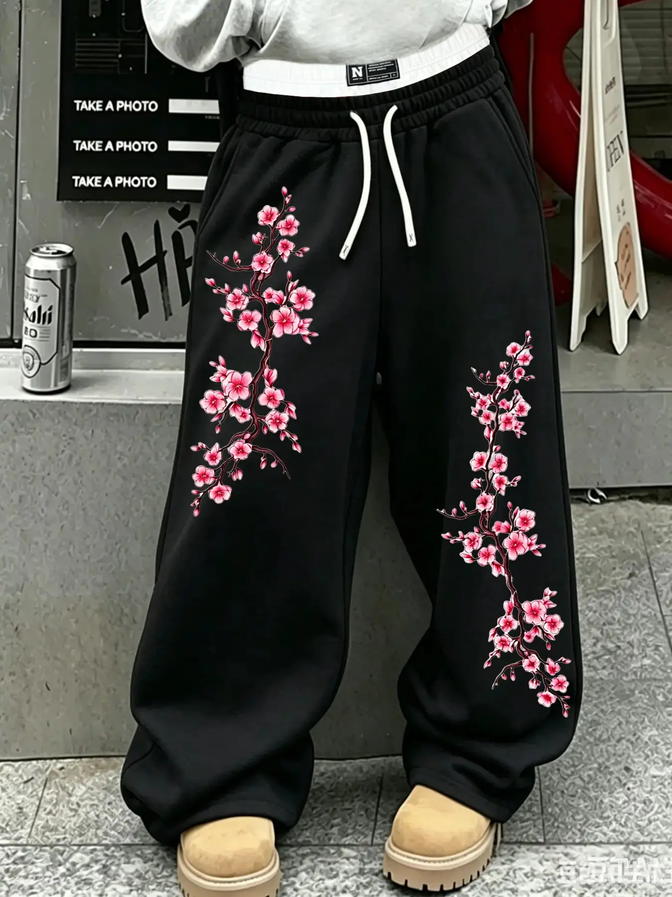 American Vintage Plaid Waist Patch Wide Leg Sweatpants, Cherry Blossom Print Loose Straight Pants, Y2K Streetwear Hip Hop Casual Pants, Unisex Couple Wear