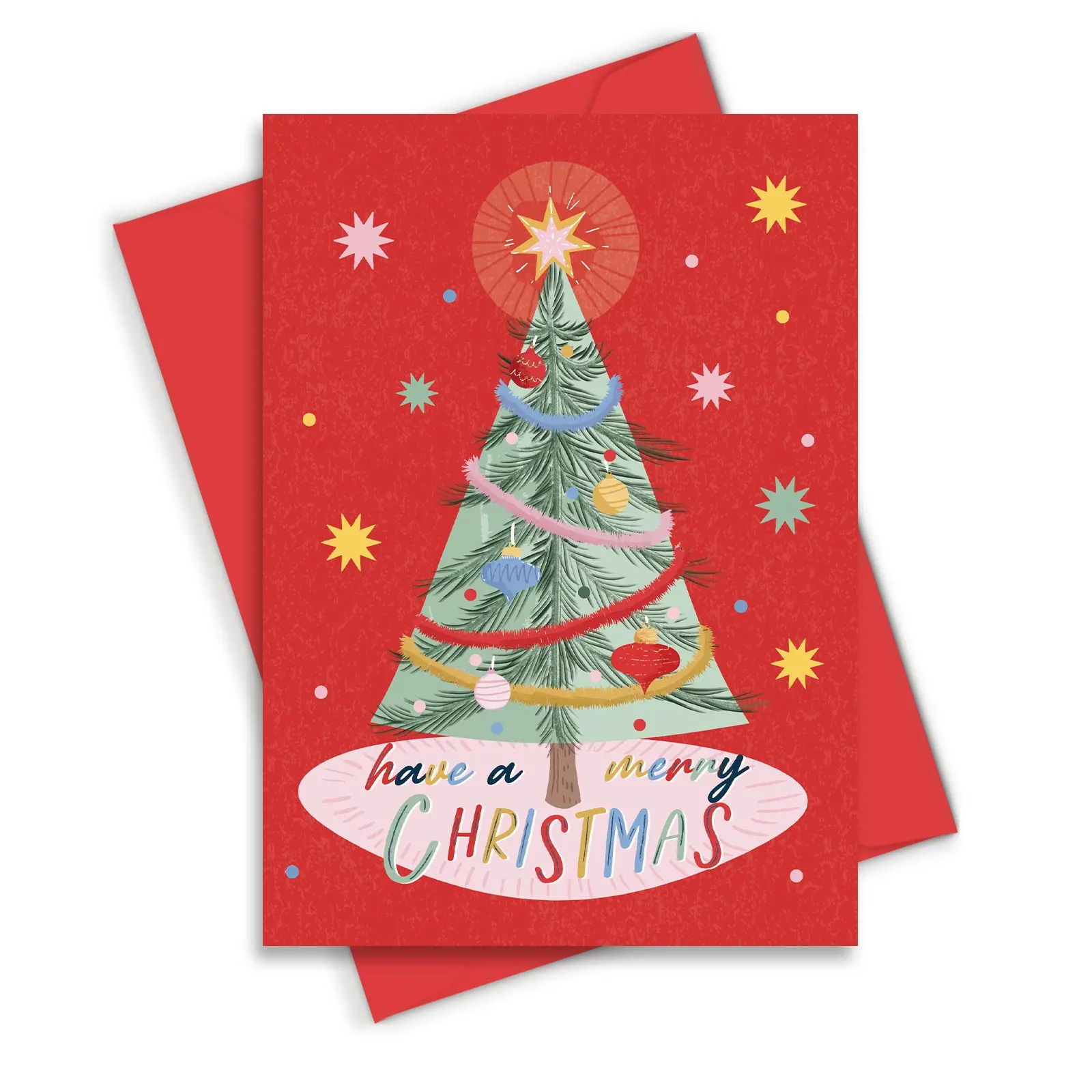 1 Count Retro Red Pastel Christmas Tree Card, 5×7 Inch Cute Colorful Holiday Greeting Card With Red Envelope, Star Bauble Tinsel Have A Merry Christmas Design, Kids Family Xmas Gift Card