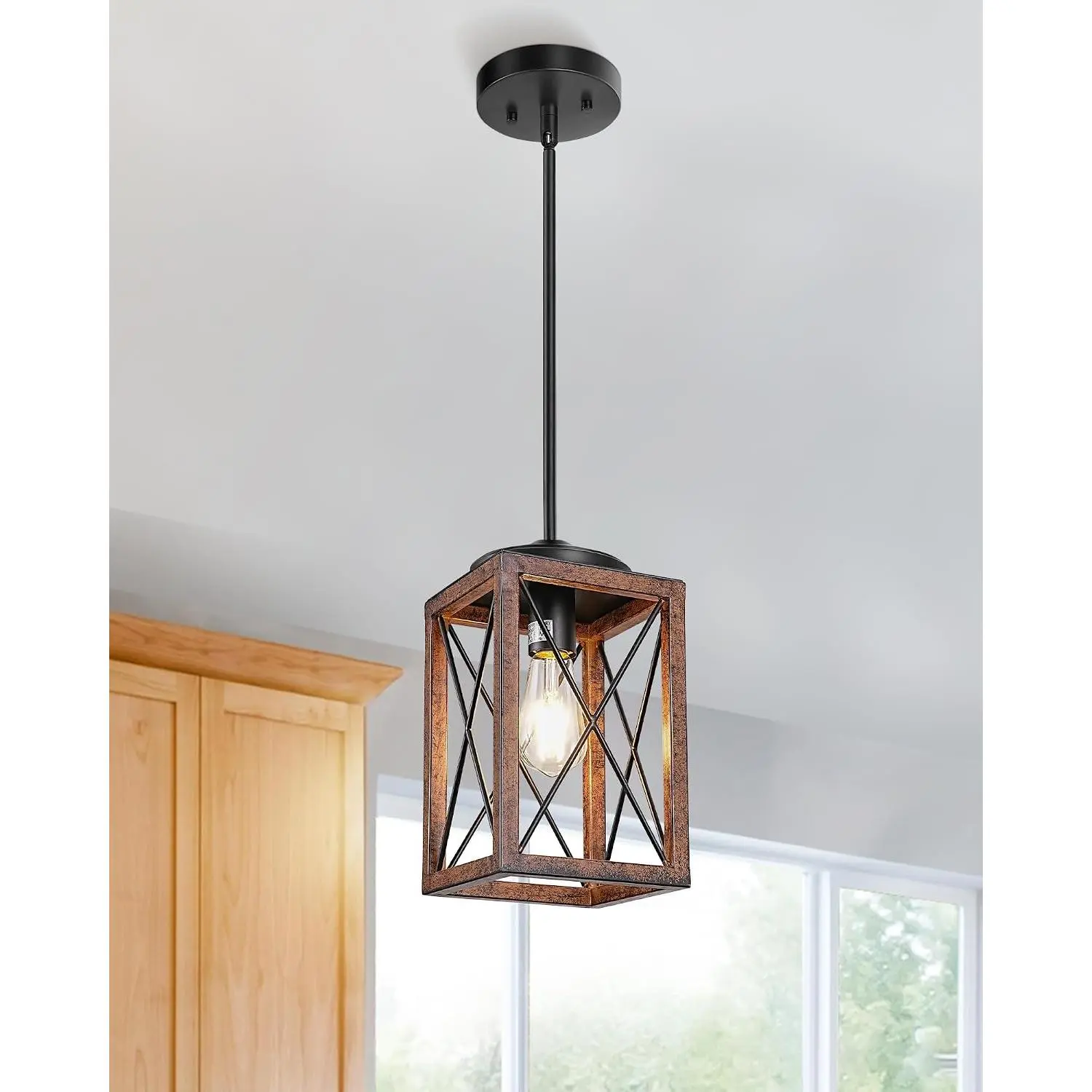 Farmhouse Metal Frame & Wood Grain Pendant Light, Ceiling Mount Hanging Fixture with E26 Base, 48" Adjustable Pipes for Flat/Slop Ceilings, Open Bottom, AC Power Supply Compatible, Indoor Kitchen Island Lighting (LED Bulb Ready)