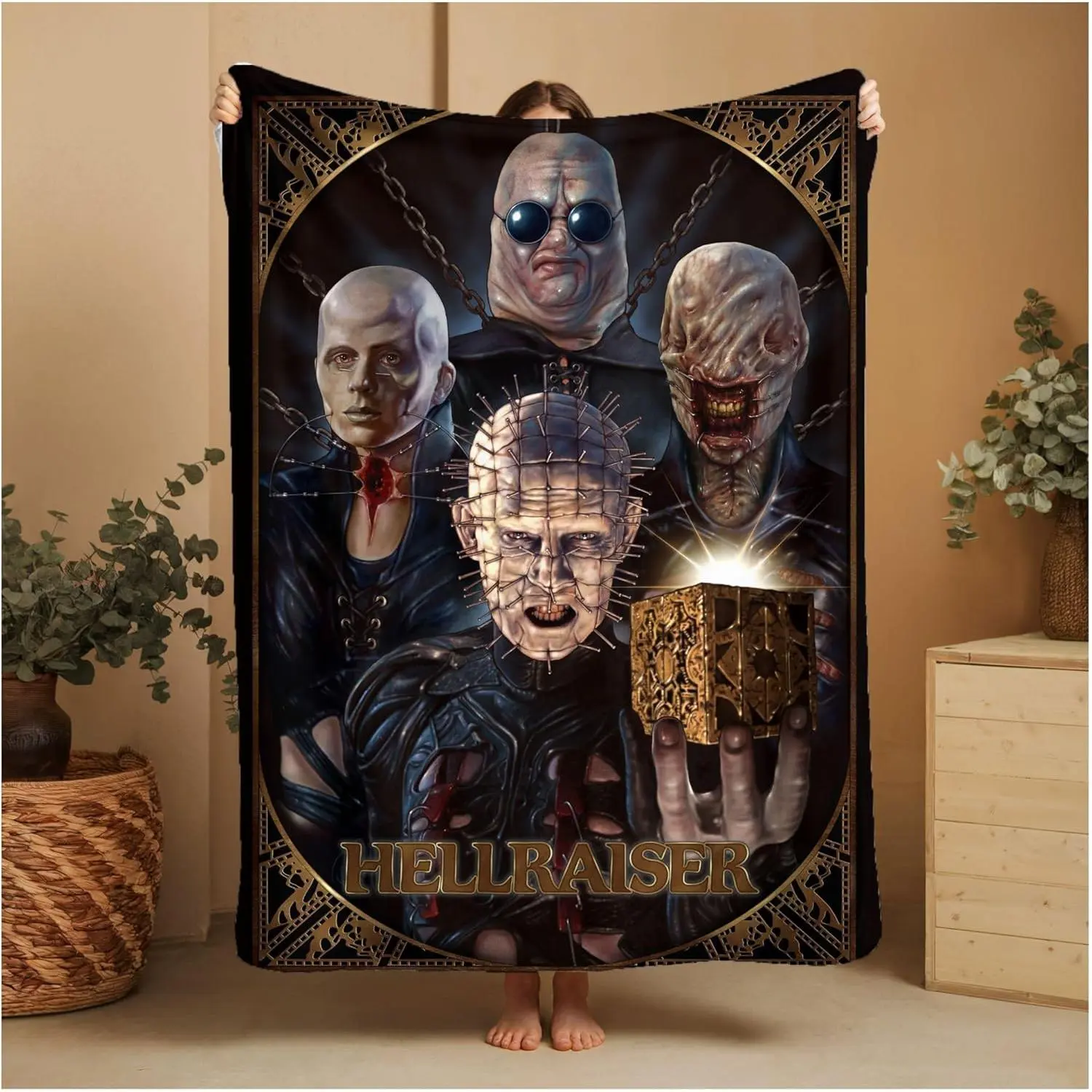 Hellraiser Cenobites Group Portrait Pure Cotton Flannel Throw Blanket - Retro Pinhead Horror Film Puzzle Box Design, Wrinkle-Proof, Anti-Fade Character Art, Warm Home Decor Gift for Horror Fans (Camping, Travel Use)
