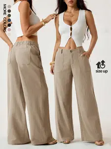 Women's Classical Linen Palazzo Pants Summer Flowy Loose Wide Straight Leg Beach Trousers With Pocket Casual Solid Color Soft Elastic High Waist Lounge Pants Travel Vacation Bottoms Date Brunch Home Work Streetwear Outfit