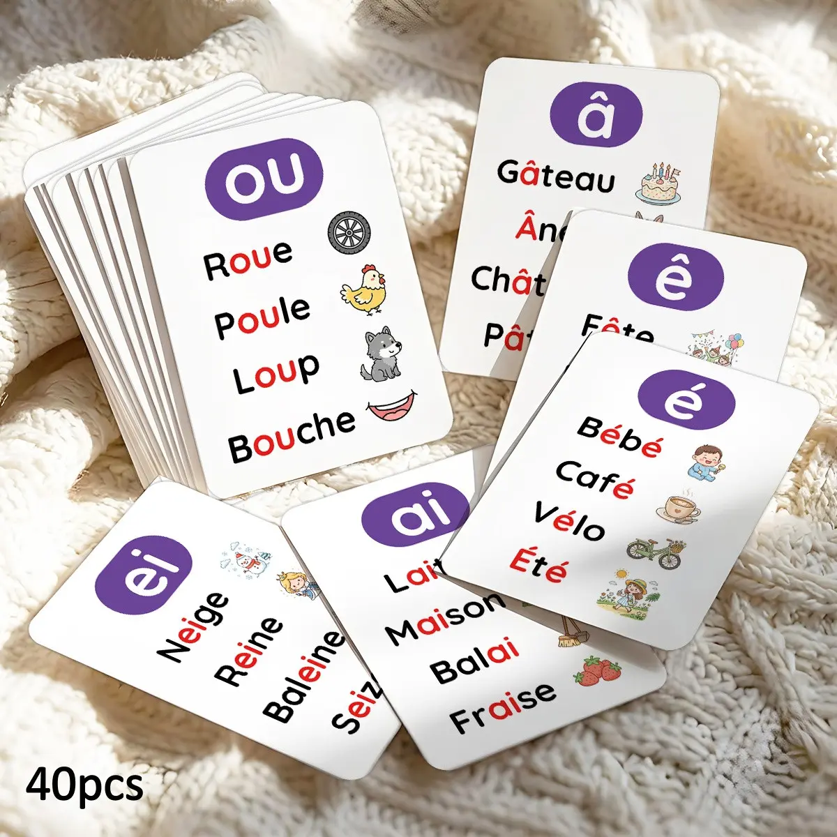 40pcs French Sounds Flashcards - French Phonics & Vocabulary Flashcards Set, Alphabet & Letter Sound Cards with Cute Illustrations - Fun French Language Learning for Beginner Flashcards for Studying