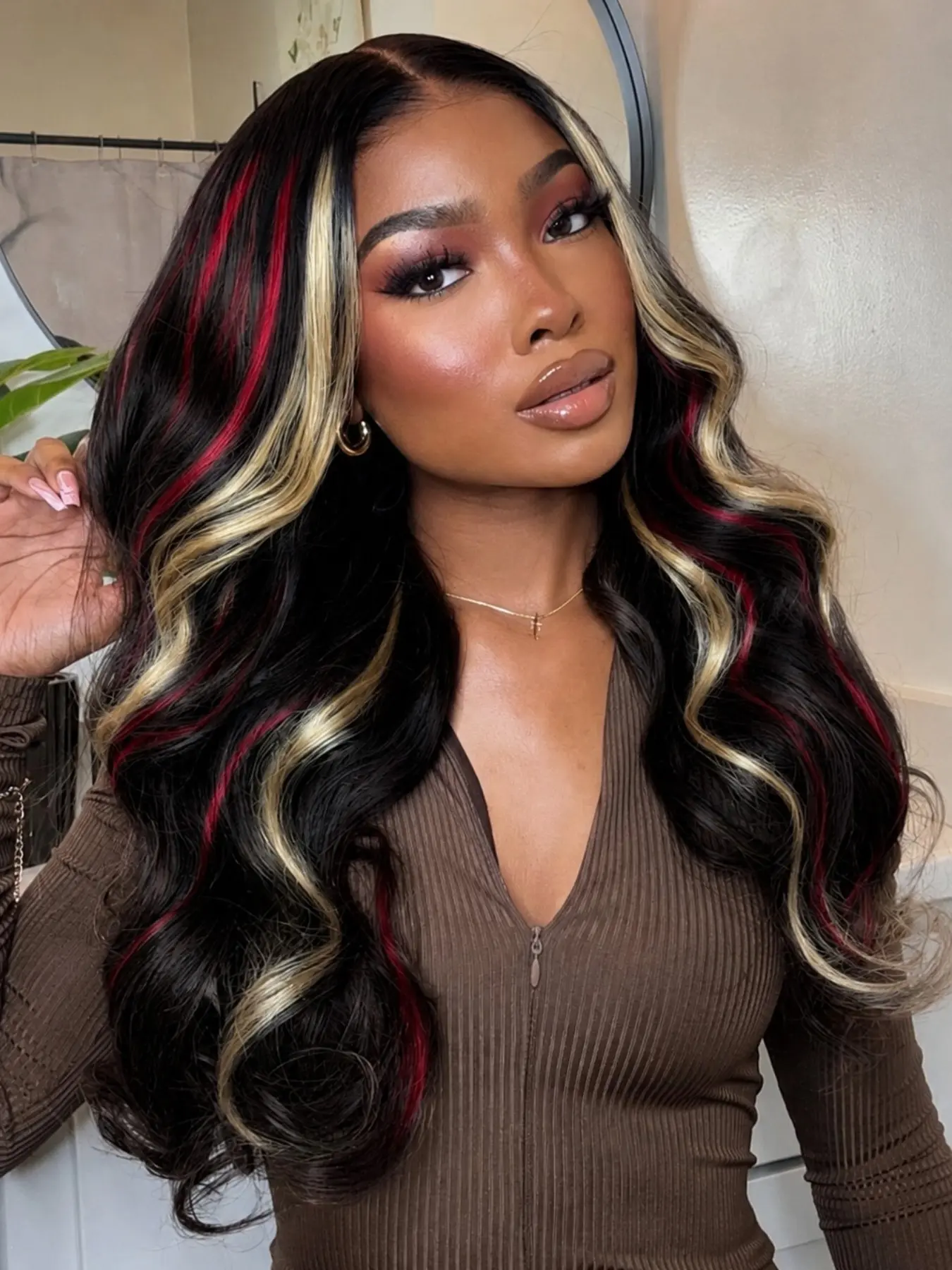 26 Inch Black with Red and Gold Highlights Body Wave Wavy Wig Silky Heat Resistant Fiber Hair Soft & Lightweight Natural Parting Synthetic Wig