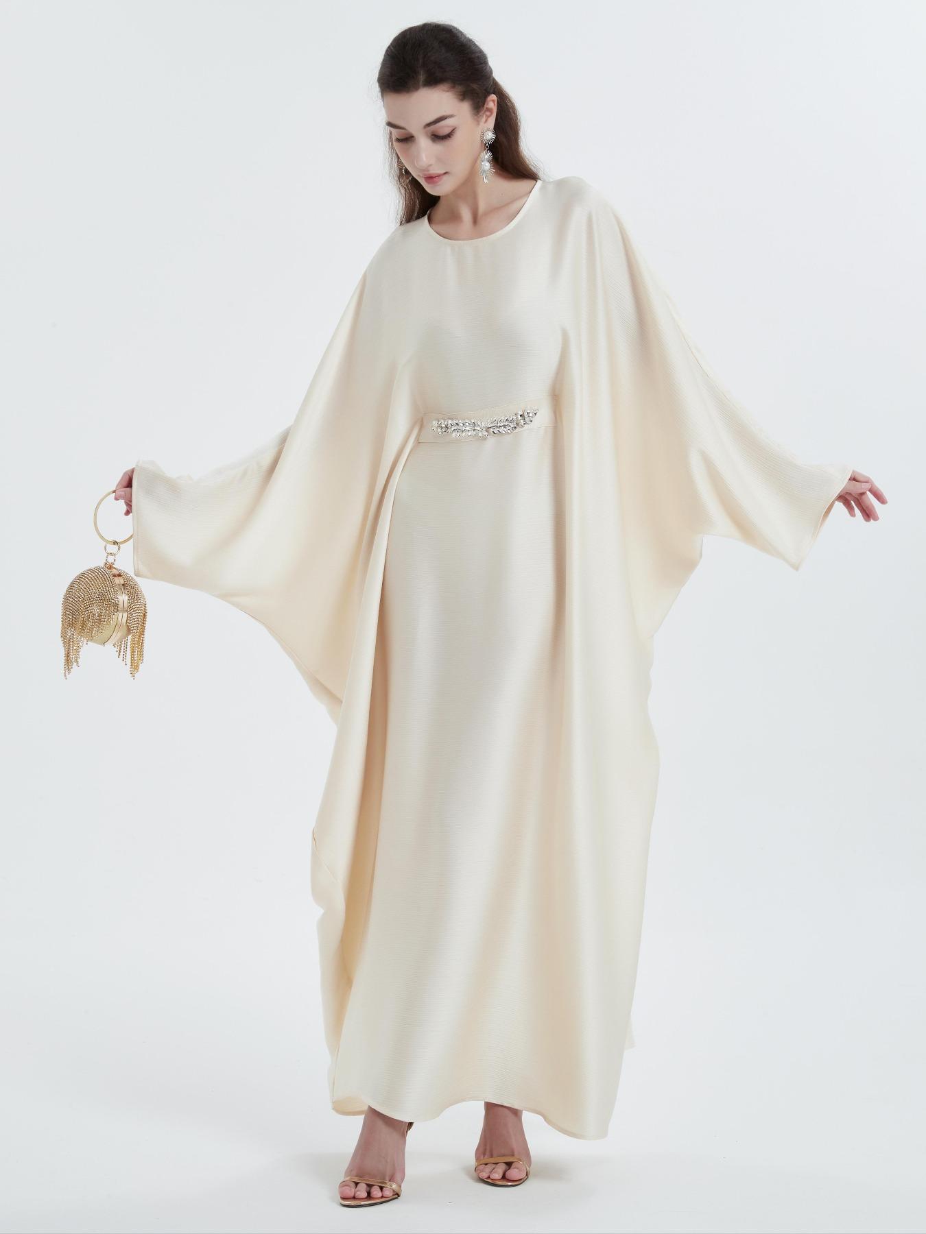 Women's Plain Rhinestone Decor Batwing Sleeve Kaftan Dress, Elegant Modest Maxi Dress for Party Wedding Guest, Dresses for Women, Ladies Longsleeves Dress, Minimalist Womenswear, Modest Clothes for All Seasons, Formal Dress Hides Tummy, Gown