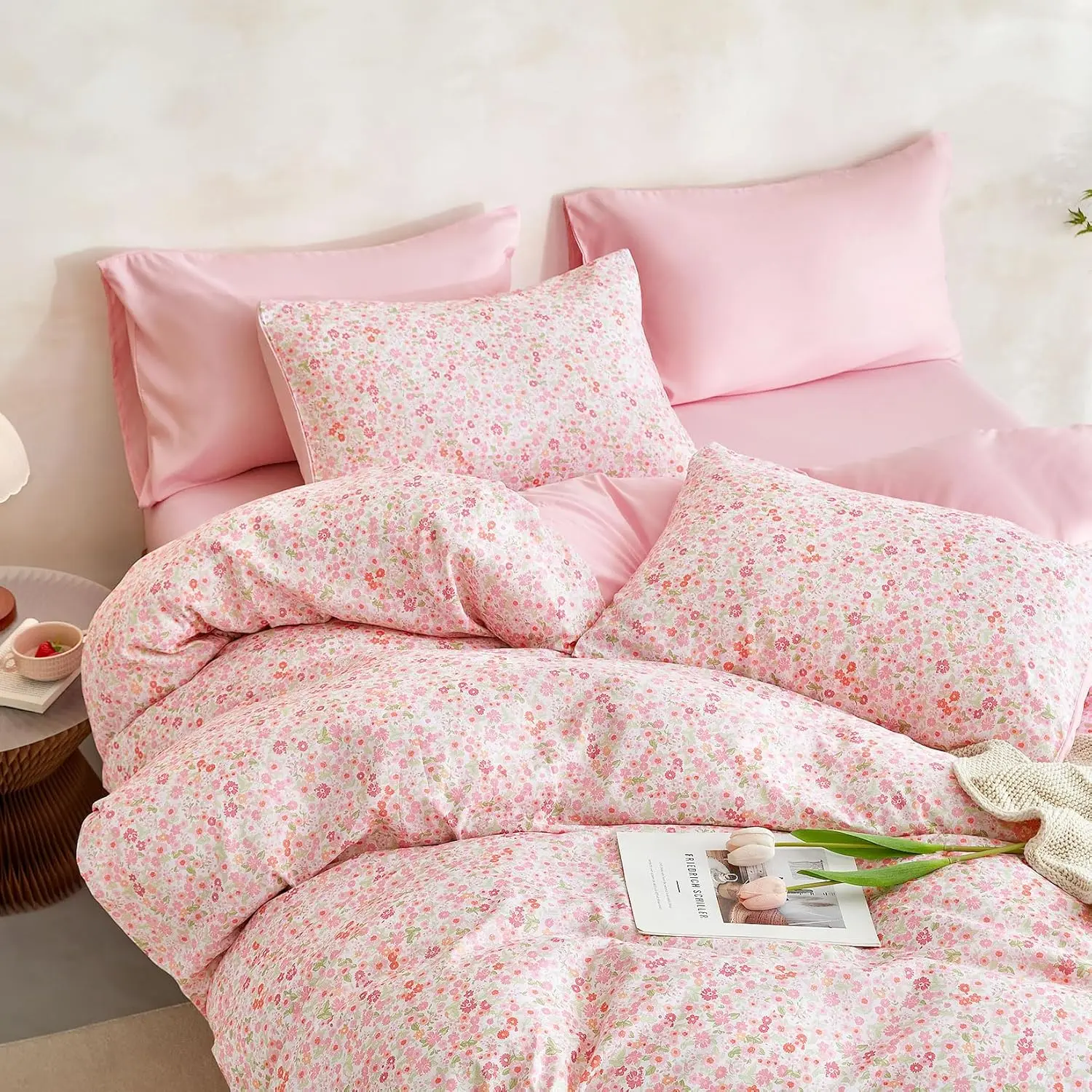 Queen Size 3-Piece Floral Print Duvet Cover Set, Soft Lightweight Vintage Cottagecore Bedding for Teen Girls, Pink, Three Pieces