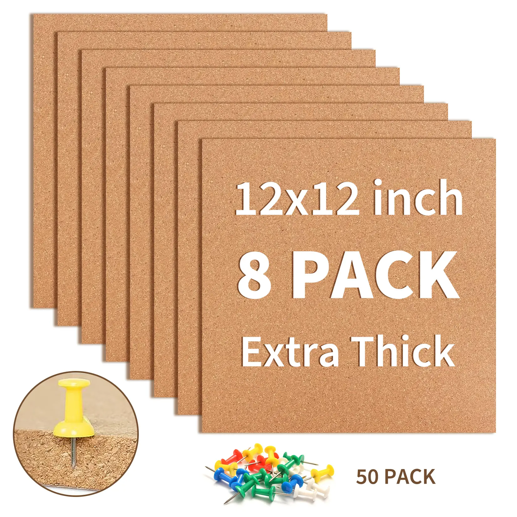 8-Pack Self-Adhesive Cork Board Tiles for Wall – Brown, Oak Veneer – Customizable Bulletin Board for Notes & Photos – Ideal for Home, Office,