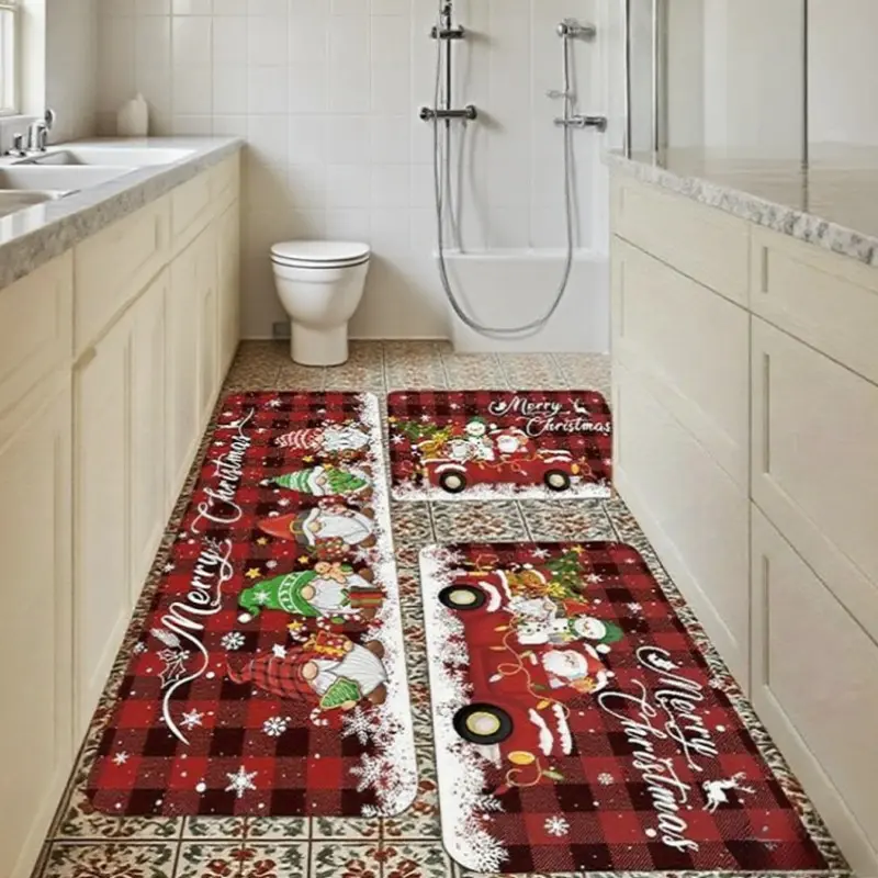 3pcs Christmas Happy Kitchen Mat Set, Designed with Holiday Sprites, Christmas Decorations, Comfortable And Easy to Clean, Suitable for Bedroom, Dining Room, Kitchen, Bathrooms, Gifts for Friends, Family, Kitchen Additions, Halloween Decorations