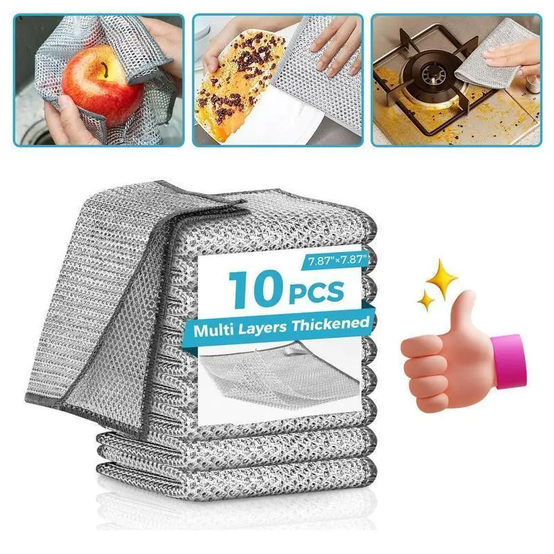 Double Layer Reusable Dish Cloth 20 Counts single layer Dishwashing Rags��Multipurpose Non-Scratch Wire Dishcloths for Wet and Dry Use, Reusable Wire Cleaning Cloths for Kitchen, Sinks, and Pans Silver Removable, Washable & More