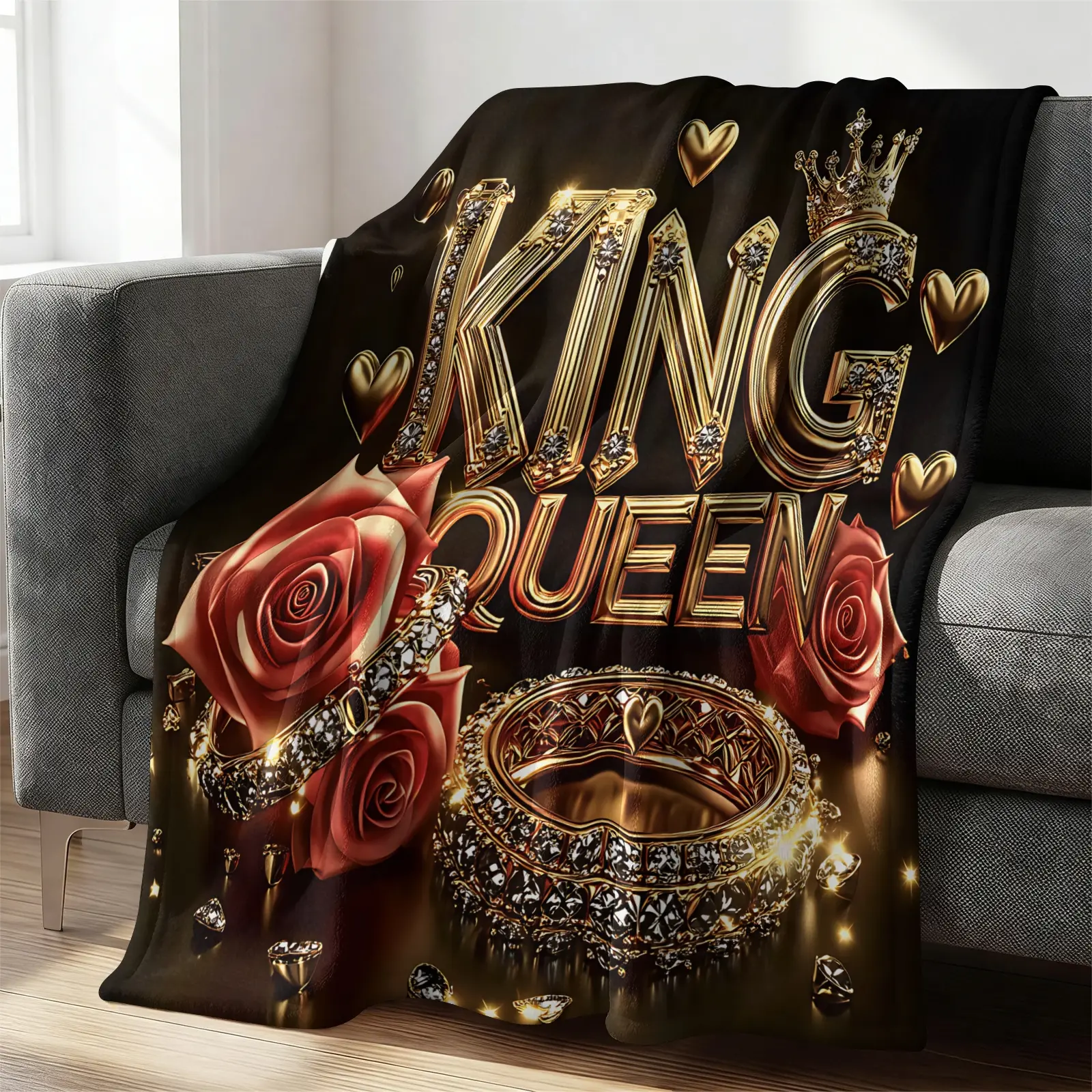 Black Gold Diamond King Queen Crown Rose Print Flannel Blanket, Luxury 3D Letter Diamond Ring Heart Print, Soft Warm Skin-Friendly Fuzz-Free, Ideal Cover For Couples Bedroom Sofa, Luxury Premium Gift For Wedding & Anniversary