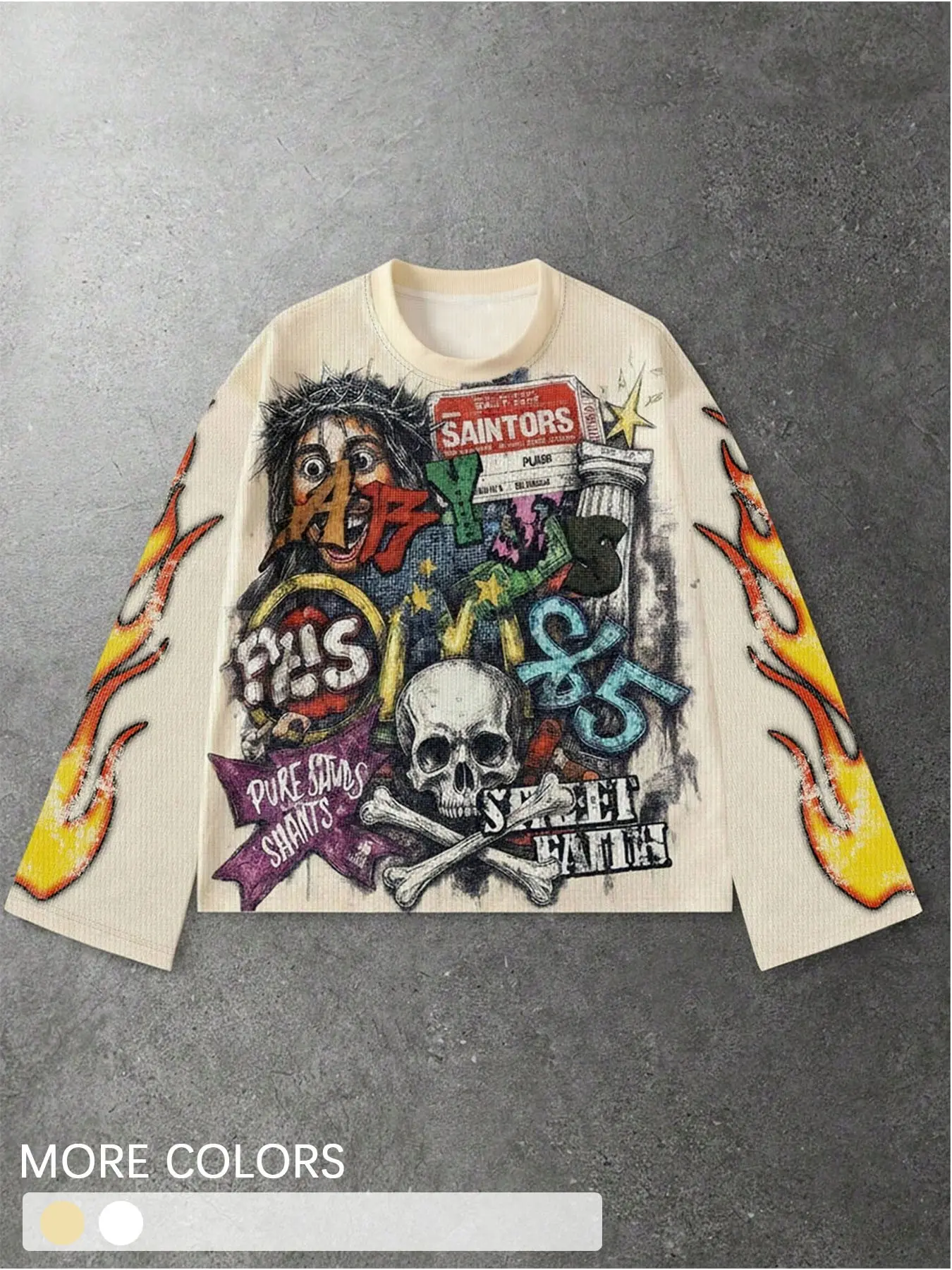 1 Pc Waffle Knit Long Sleeve T-Shirt Men Y2K Skull Flame Graphic Crew Neck Loose Top Casual Hip Hop Streetwear Daily Skate Outfit