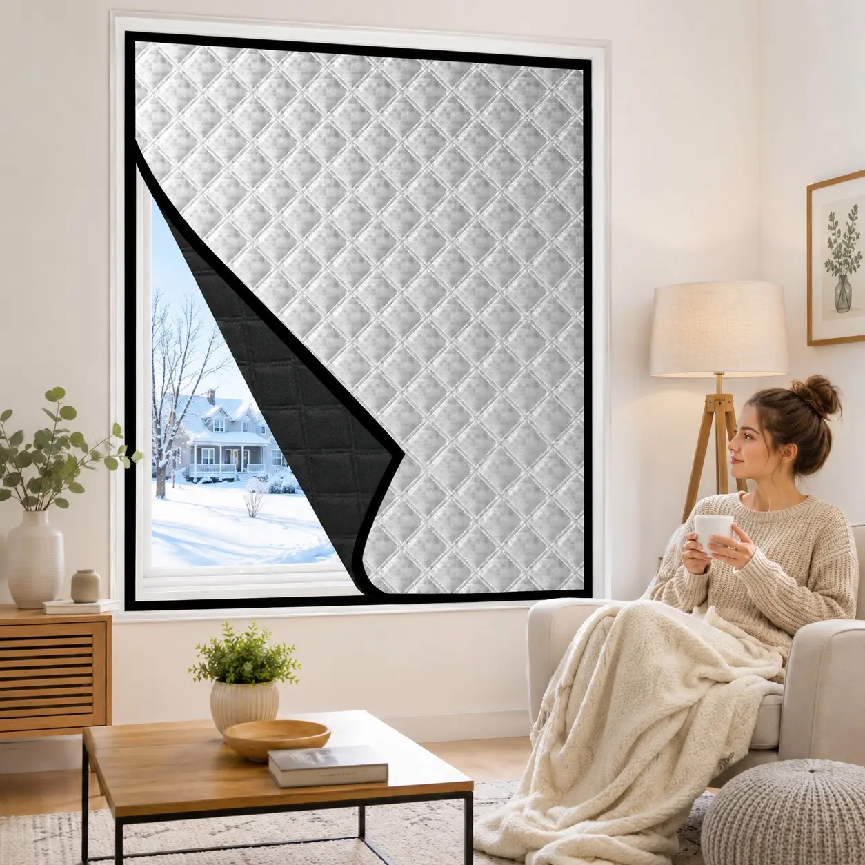 Thick Self-Adhesive Thermal Curtain, No-Drill Windproof Noise-Reducing Blackout Curtains Window Cover, Silver Quilted Insulated Curtain for Home Windows