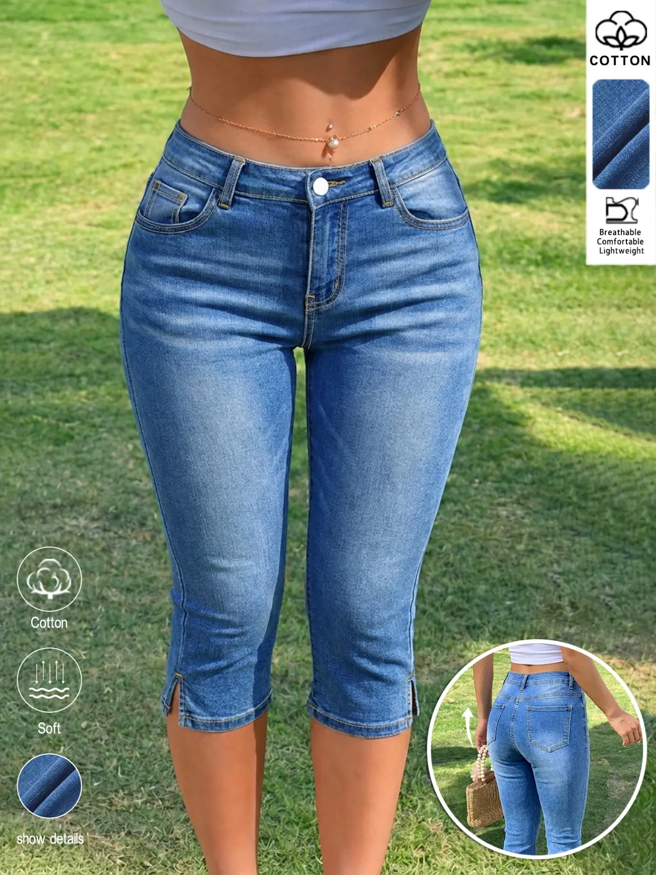 Women's Light Wash High-Waisted Denim Capri Pants, Button, Split Thigh Elastic Slim Fit, Summer Casual Lounge Bottoms