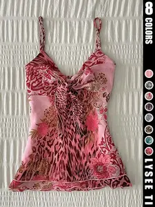 Spring/Summer 2000s Retro Vintage Leopard Peony Printed Lightweight Strap with Chest Knot Women's Top