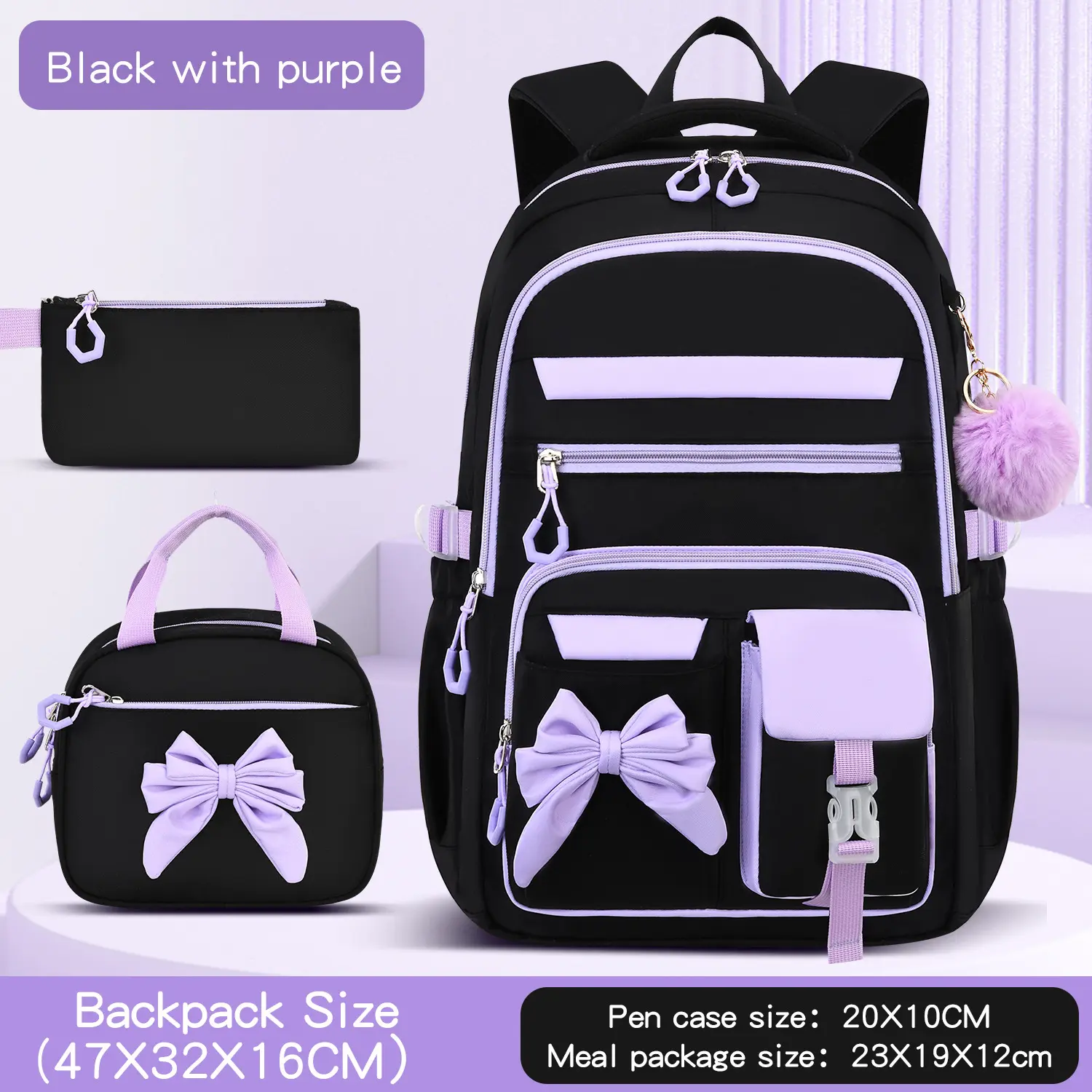 Girls' Trendy Black Purple School Backpack Waterproof Durable Fabric Large Capacity Lightweight Adjustable Shoulder Strap Casual bag for Elementary Middle School Students Back to School & Daily Campus Use