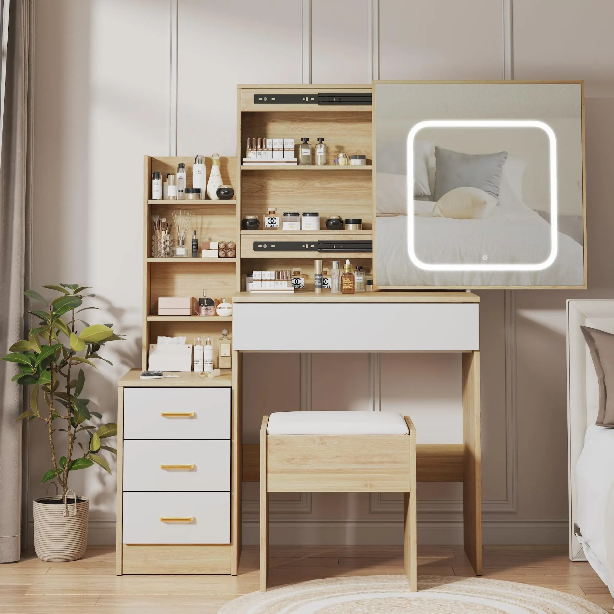 Christmas DealGARVEE Dresser Set with 4 Drawer Storage Cabinet, Sliding Mirror, Electrical Outlet, and Stool. Features Open Shelf and 3 Color Lighting Pattern. Available in Original Wooden and Marble White Finish for Bedroom Use.