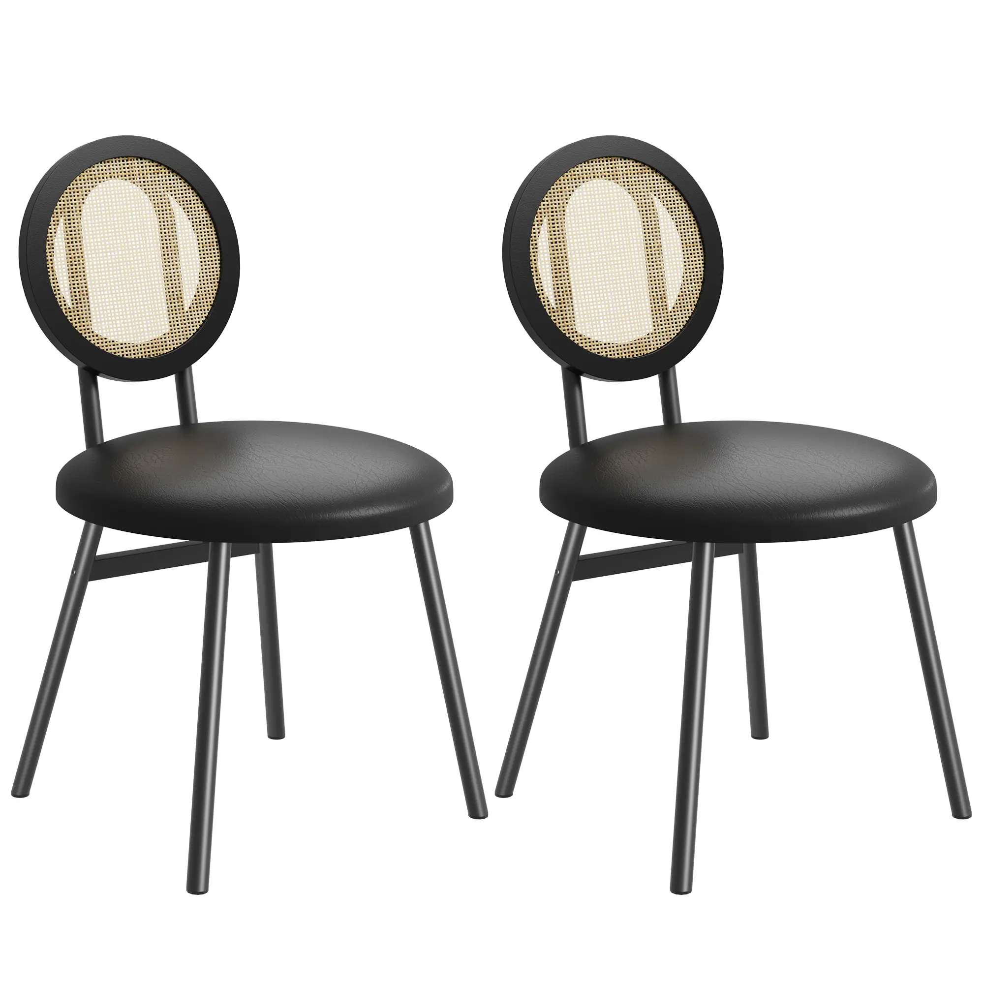 2/4PC Rattan Dining Chairs – Faux Leather Upholstered Seat, Cane Back, Chrome Metal Frame, Thick Cushions, Stackable
