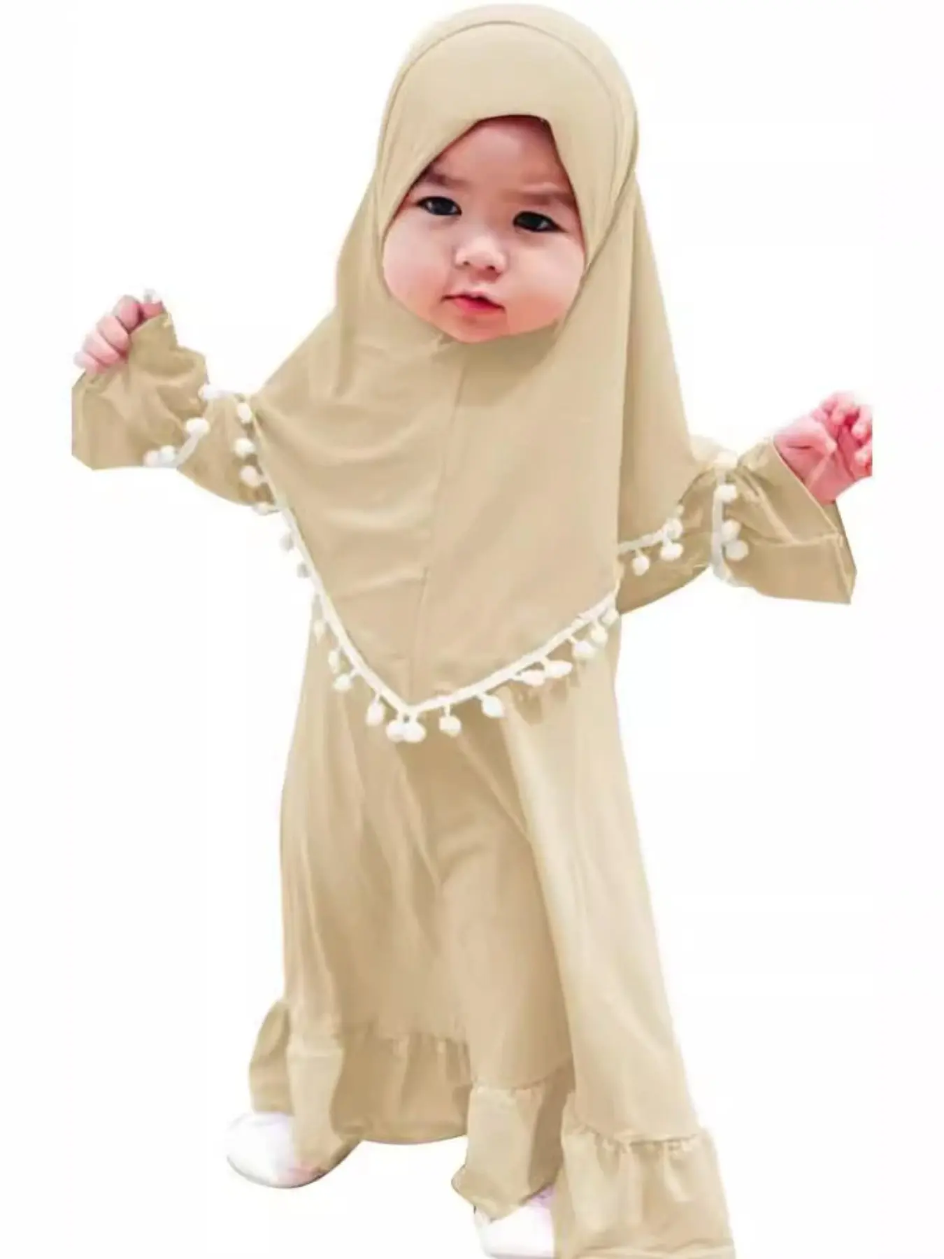 Girls' Muslim Dress, Modesty, Long Sleeve Round Neck, Two-Piece Set with Headscarf, Comfortable Daily Wear, Trendy Fashion for Spring and Autumn, Outfits