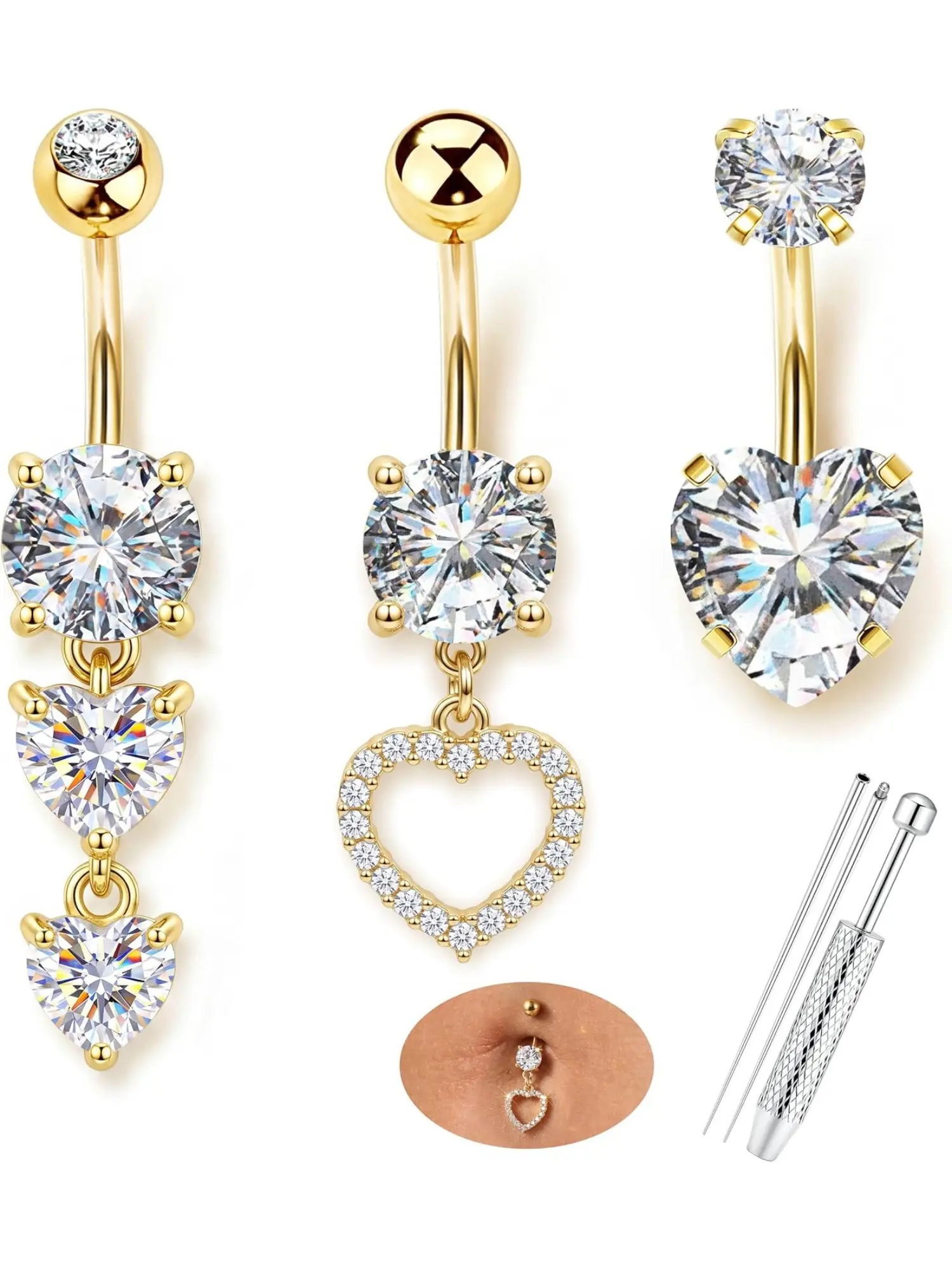 3 Pcs Belly Button Piercing Silver/Gold Heart Butterfly | Dangling Long Belly Button Piercing Surgical Steel Navel Piercing Waterproof Silver Gold Pink Jewelry 10mm