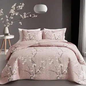 Cherry Blossom Flower Quilt Set Bedding Soft Breathable Ultra Fine Fiber Design Light Blue Gray Plant Pattern Machine Washable Duvet for Bedroom Guest Room Home Decoration