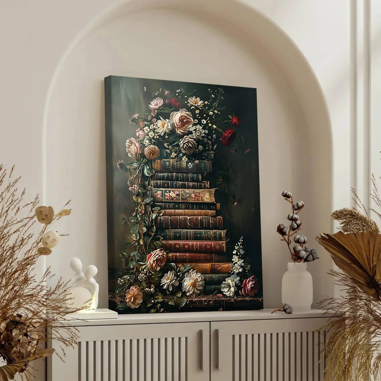 Vintage Floral Books Artistic Canvas Wall Art, Antique Book Stack With Roses And Daisies Poster Print, Dark Academia Botanical Painting For Home Decoration, Waterproof HD Artwork