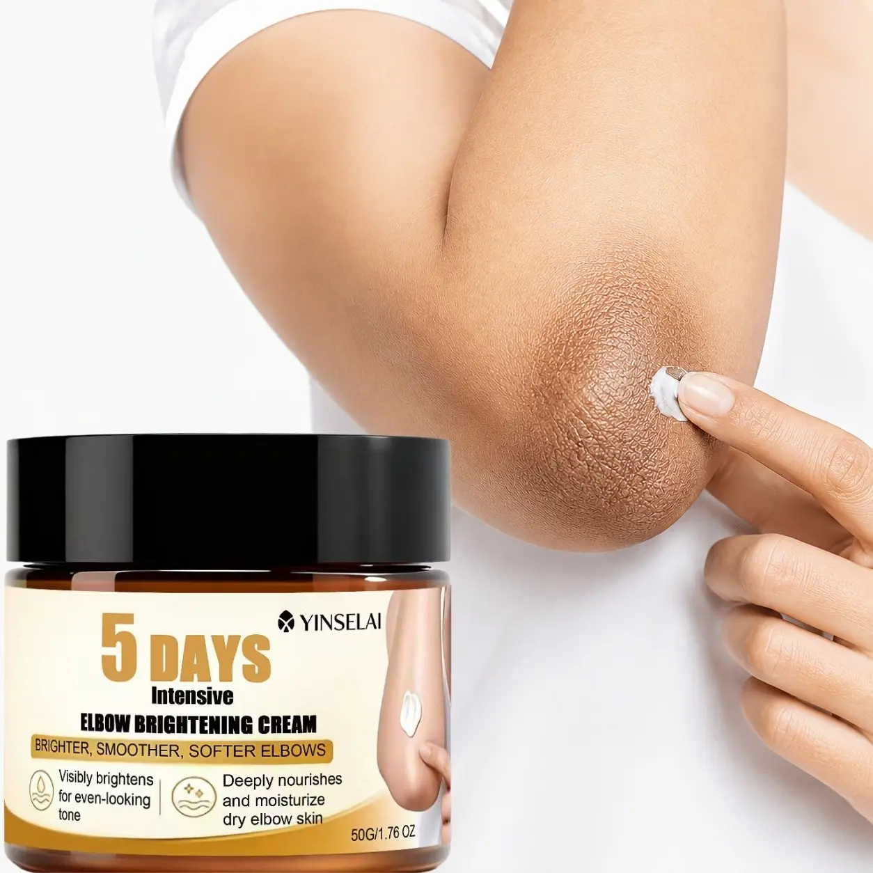 5-Day Intensive Elbow Brightening Cream, Dark Areas Corrector, for Rough Dark Elbows Knees Fingers, Niacinamide Retinol Collagen Vitamin C, All Skin Types, 50g