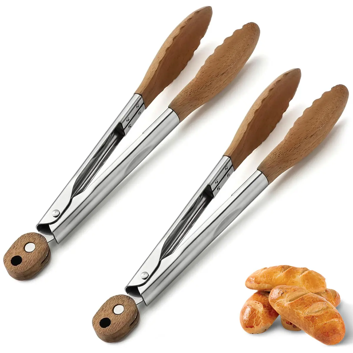 2 Pack Cooking Tongs, 9 Inch Walnut Wood Tongs, Stainless Steel Non-Slip Salad Tongs, Wooden Tongs for BBQ & Kitchen Use, Barbecue Utensils, Kitchenware, Barbecue Accessories, Bbq Tools