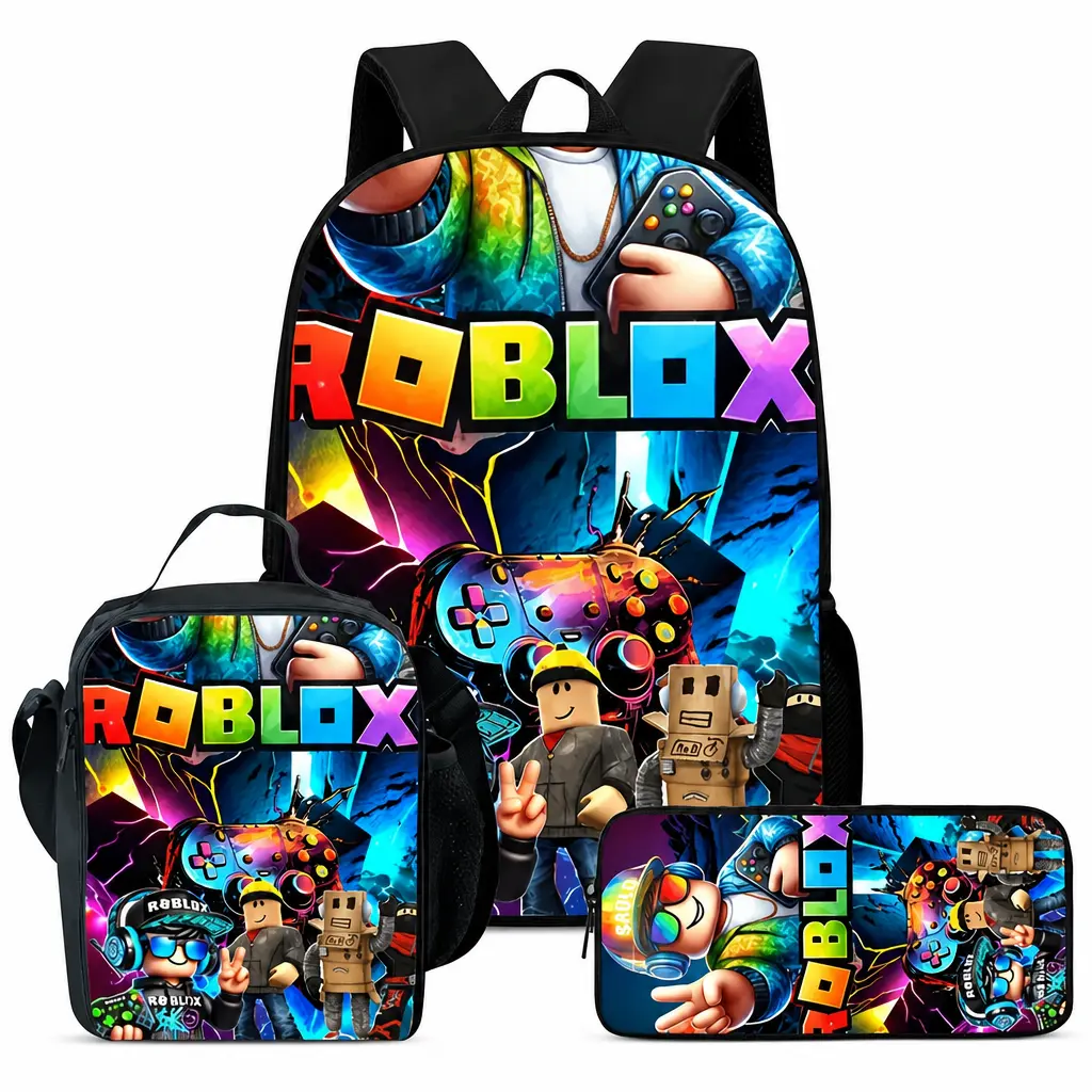 Kids School Backpack 3-Piece Roblox Themed Set - Oxford Cloth Adjustable Strap Daypack, Colorful Game Characters & Controller Print Thermal Lunch Hold Bag, Pencil Case with Top Handle for Quick Grab & Umbrella Stows Side, Kids Backpack, Lunch Bags, Neon R