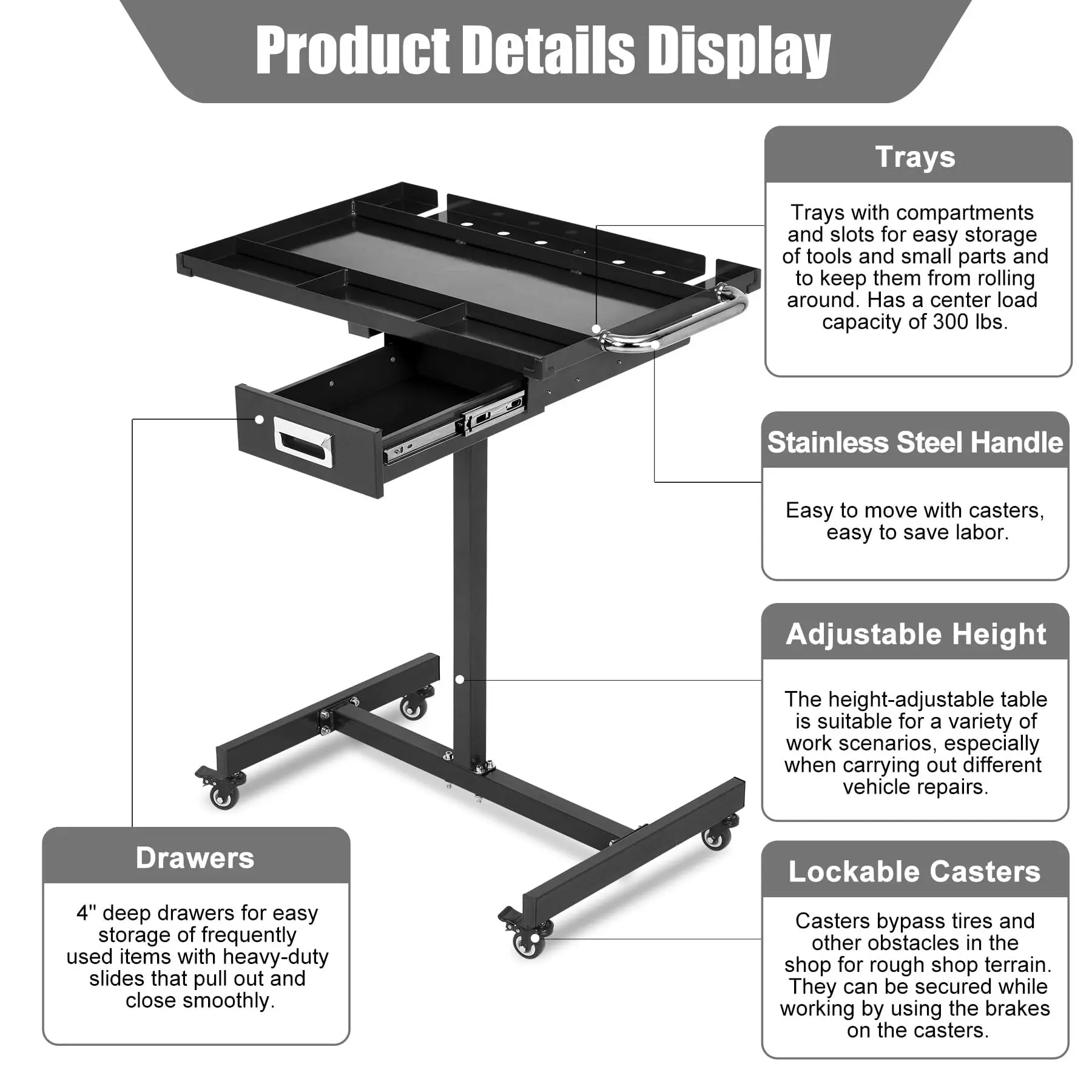 Garvee 35-45 Inch Adjustable Height Worktable, 220 Lbs Capacity Heavy-Duty Work Table with Wheels & Brakes, Mechanics Workbench for Warehouse, Repair Shops, Workshop, Garages and DIY