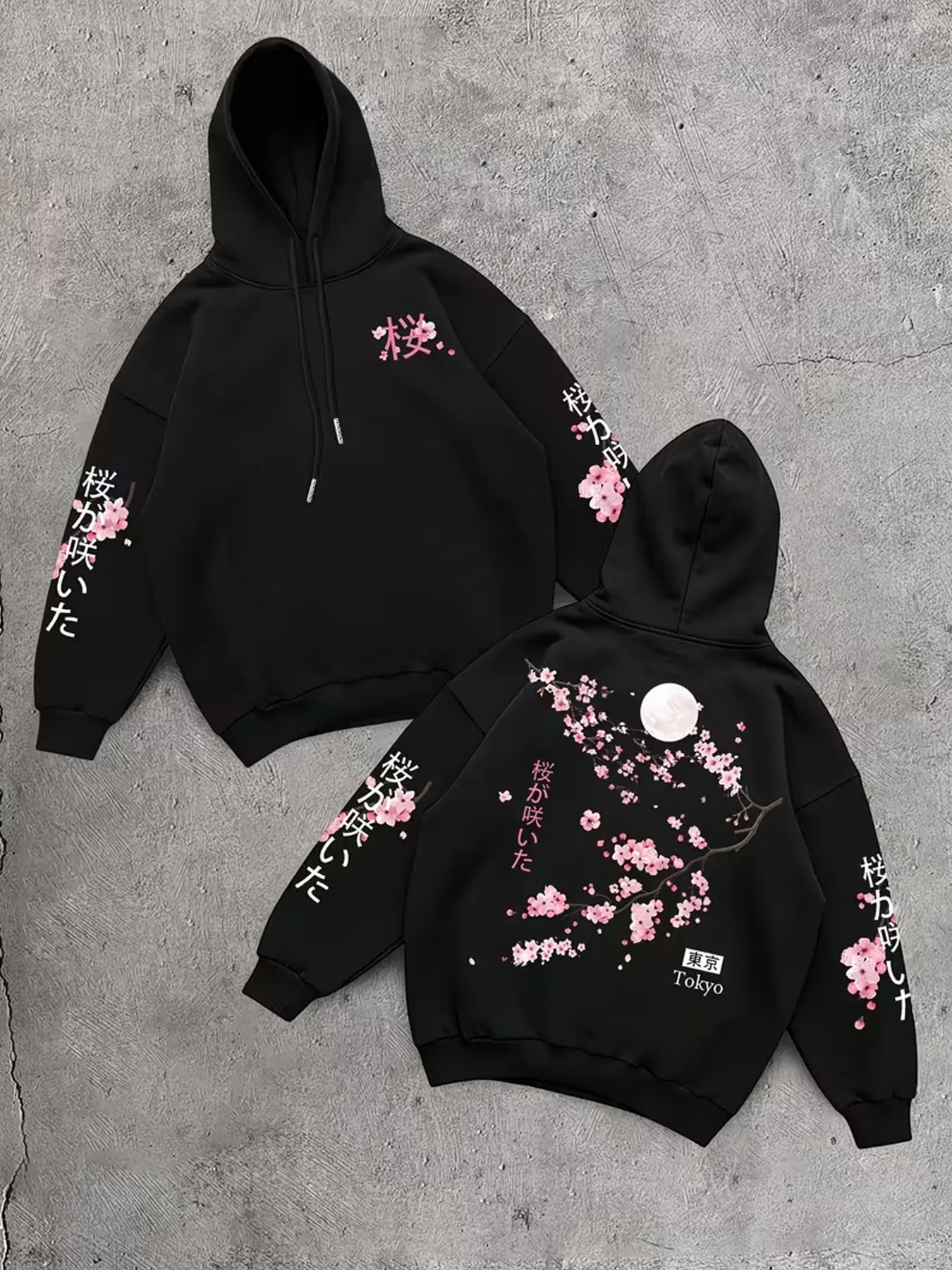 Unisex Japanese Style Hoodie, Cherry Graphic Print, Loose Fit, Fall & Winter, Metal Drawstring, Anti-Pilling Ribbed Hem, Casual Streetwear