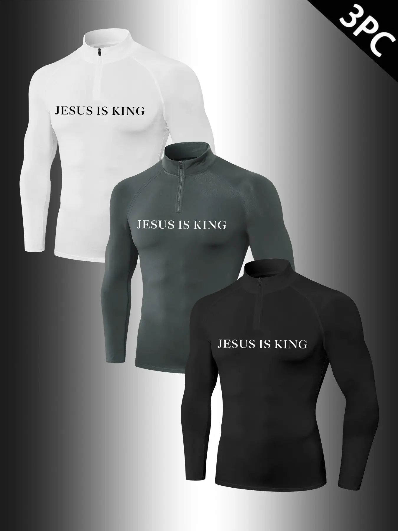 Men 3 Pcs Pack Mock Neck 1/4 Zip Long Sleeve Compression Gym T-Shirt Solid White Charcoal Black Minimal Thin Font Jesus Is King Text Print On Chest Quick Dry 4-Way Stretch Muscle Fit Athletic Base Layer For Weightlifting Jogging Daily Layering Street Wear