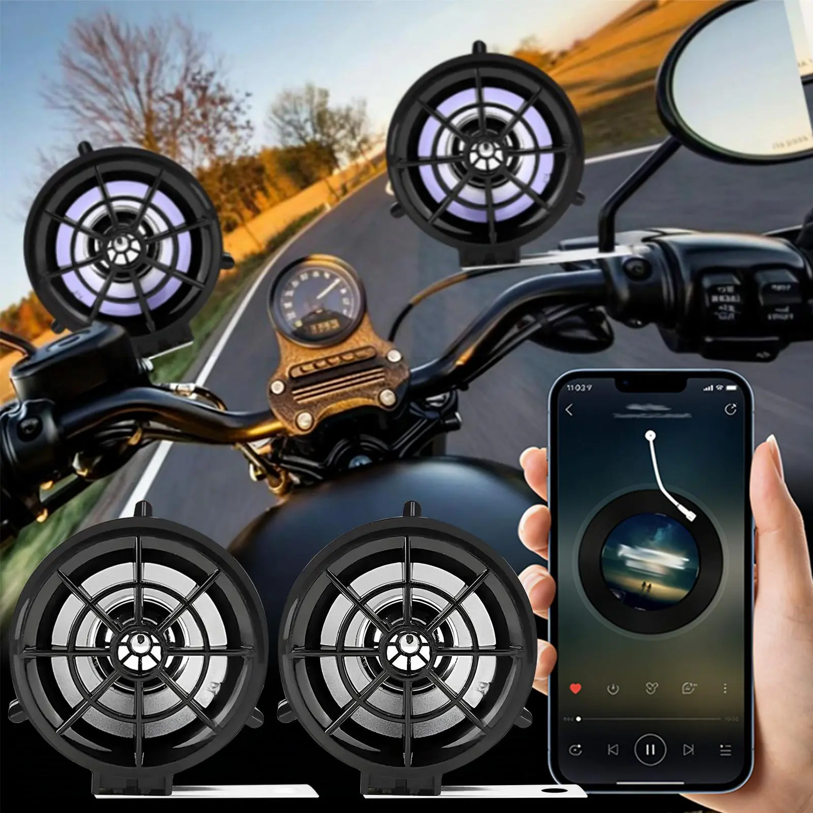 High Power Motorcycle Speaker - Handlebar-Mounted Stereo with Handlebar Mounting Bracket, ABS Body, Wiring Kit, Remote Control, Smartphone-Compatible Audio Sound System, Black for Most Motorcycle Types,Motorcycle Accessories