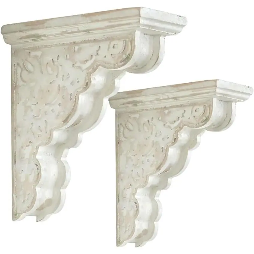 All Chic Set of 2 Corbels for Shelves Wood Corbels Decorative Shelf Brackets Farmhouse Decor Wooden Vintage Shelf White Floating Wall Shelf Long