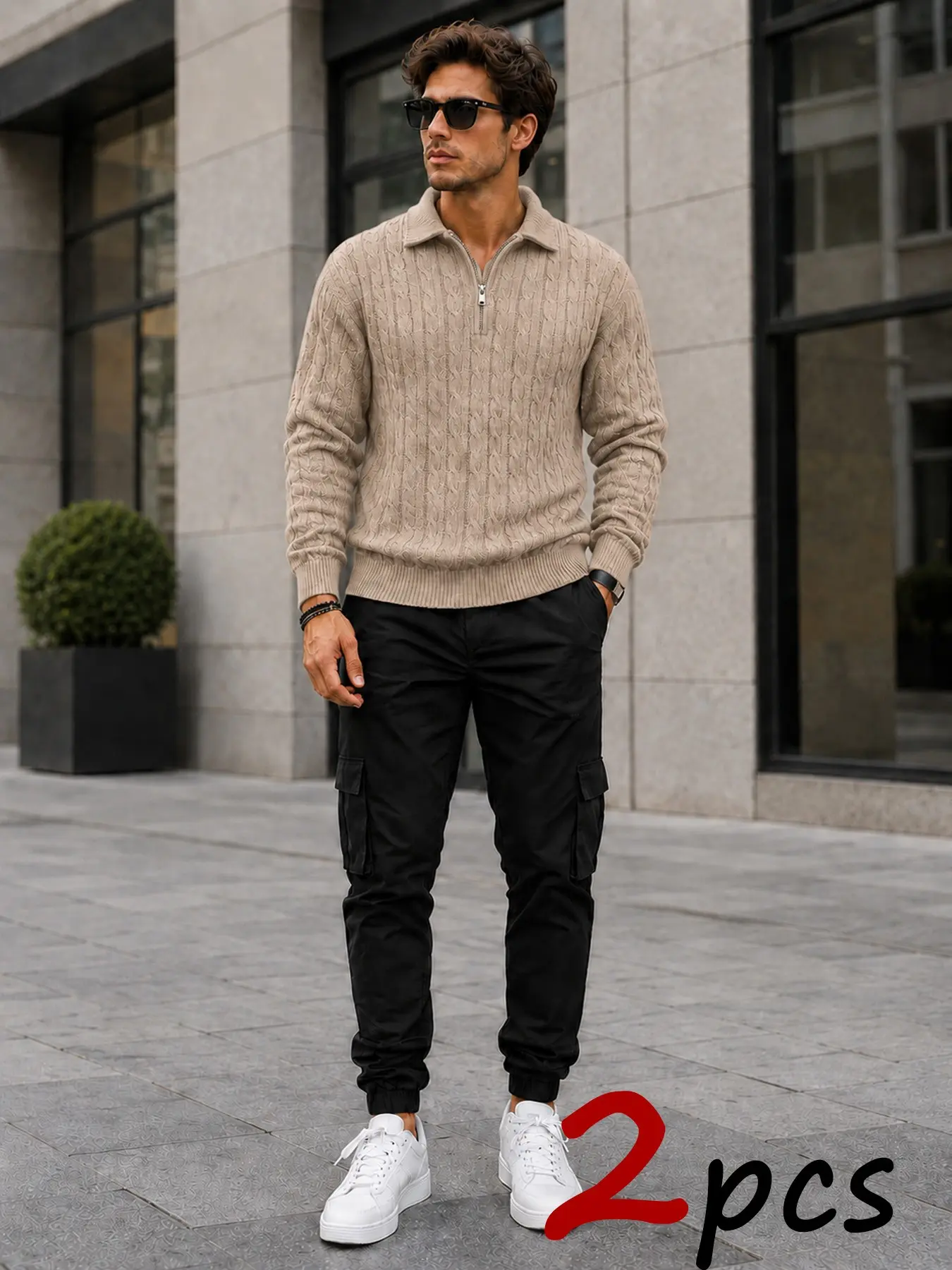 Men's Fall Winter Matching, Half Zip Cable Knit Polo Sweater & Multi Pocket Cargo Joggers, Warm Co-Coord Set for Daily Wear