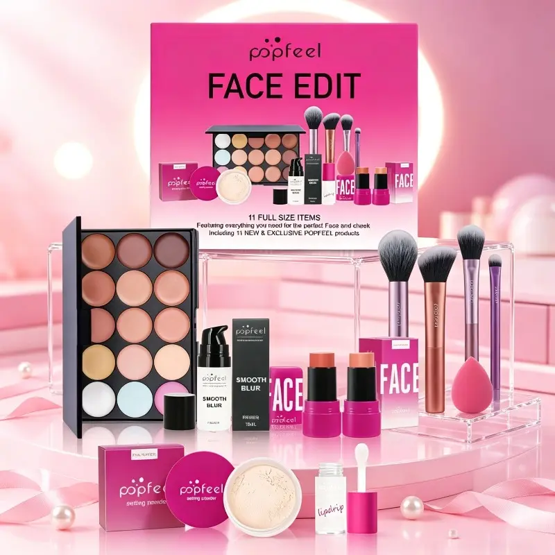 Popfeel Face Edit Complete Face Makeup Gift Set with Concealer Palette, Primer, Setting Powder, Lip Gloss & Full Makeup Tools, Ideal Valentine's Day Surprise Gift for Makeup Lovers