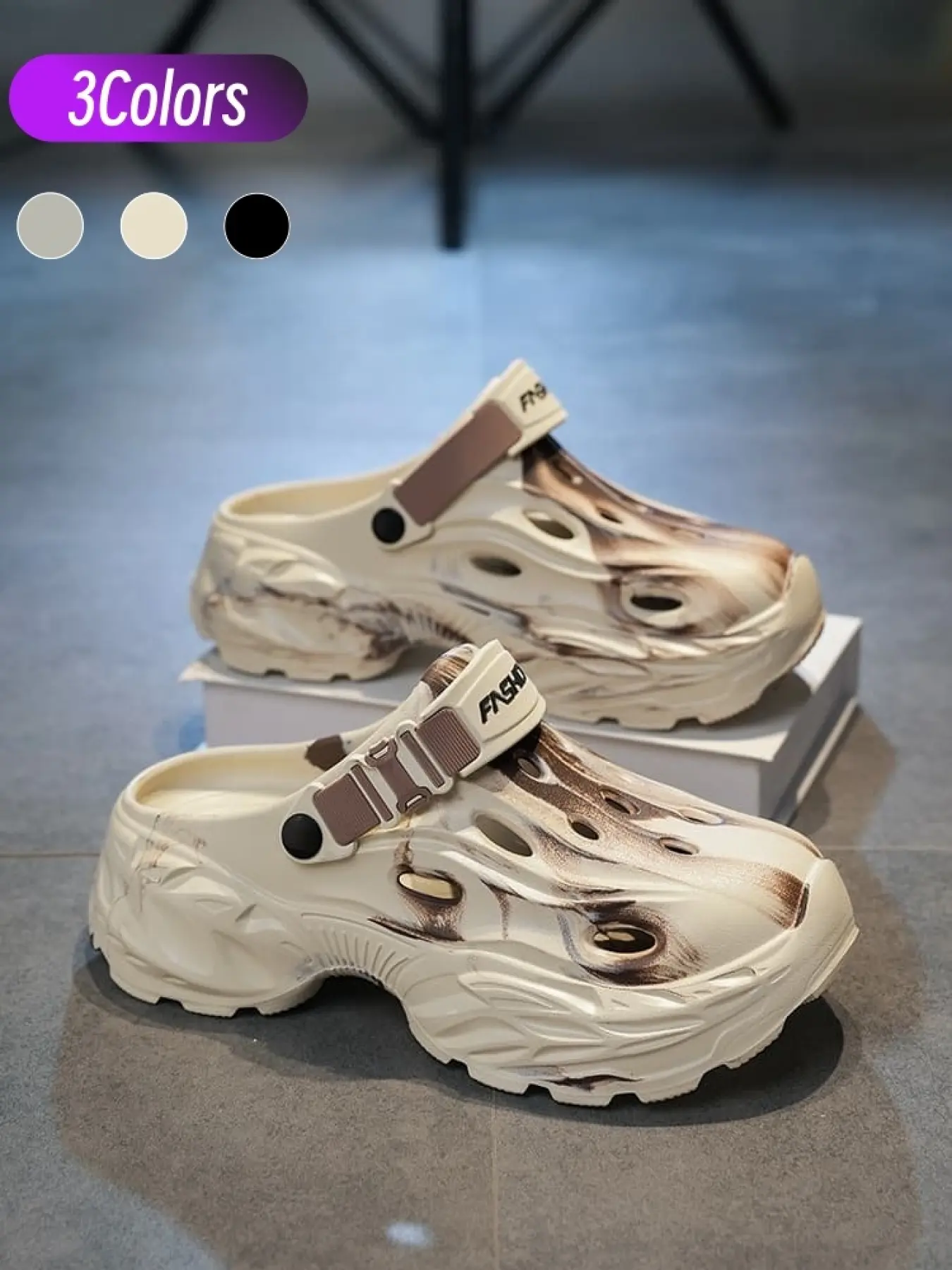 1 Pair Couple Gradient Tie-dye Tech Platform Clogs | Futuristic Street Cool Style | Round Crash-resistant Toe Cap Protect Feet, Ink Blot Tie-dye Unique Look, Wide Hollow Holes Fast Drain Water, Buckle Adjustable Strap For Flexible Wearing Modes | Full Foa