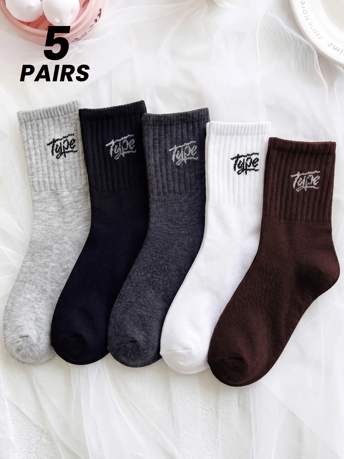 5 Pairs Mens Crew Socks Sporty Streetwear Letter Graphic Knit Mid-calf Socks Comfy Breathable Casual Athletic Socks Multipack Set For Sneakers Sports Daily Wear