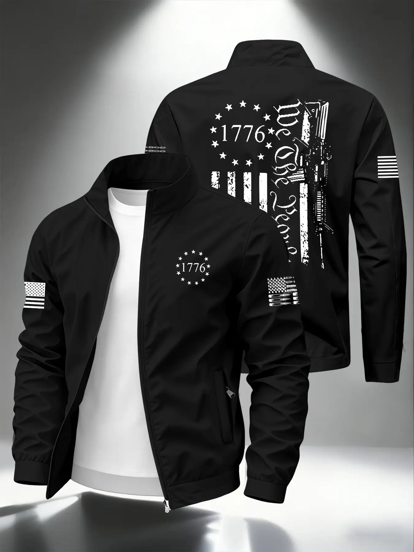 American Vintage 1776 Distressed Star Flag Gun Letter Print Stand Collar Zipper Jacket, Long Sleeve Loose Men's Military Outdoor Commute Casual Outerwear