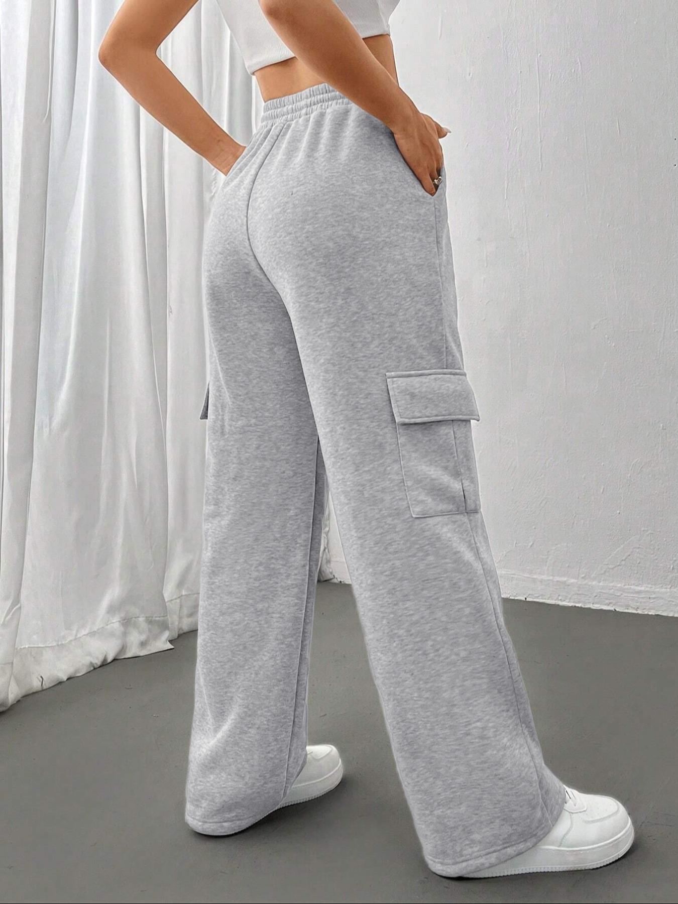 Women's Autumn Winter Fleece-Lined Side Pocket Sweatpants, Loose Fit Casual Fashion Straight Leg Long Pants for Daily Wear