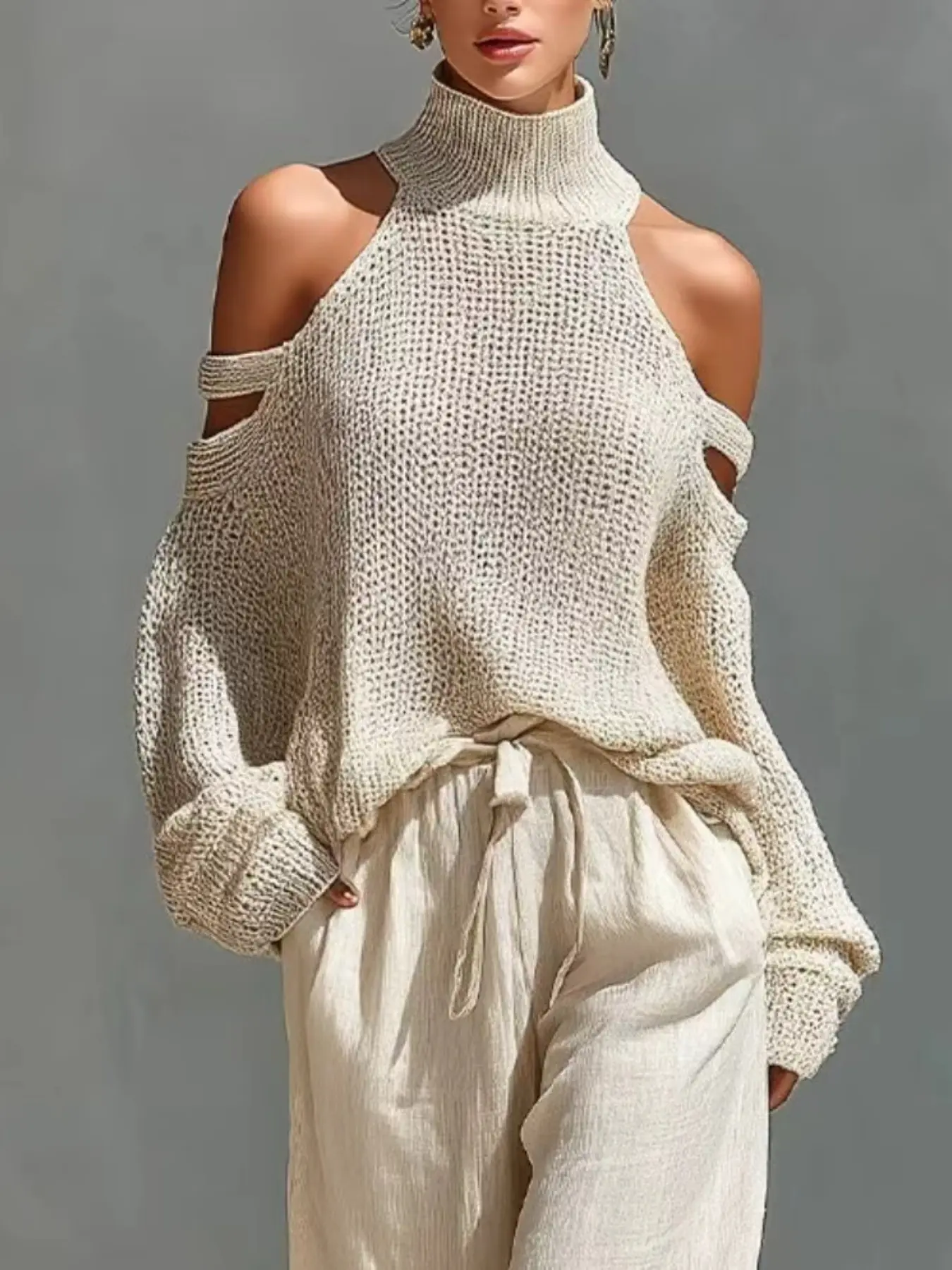 Women's New Fashion Versatile Commuter Off-Shoulder Knit High Neck Top, Office Wear, Autumn Winter Fashion, Travel, Vacation