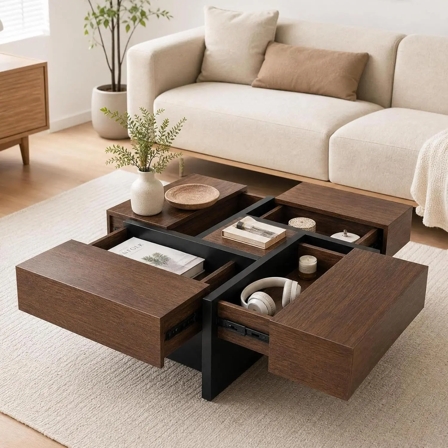 Extendable Brown Coffee Table with 4 Hidden Storage Compartments, Square Wood Grain Coffee Table with Sliding Expandable Tabletop, Modern Center Table for Living Room
