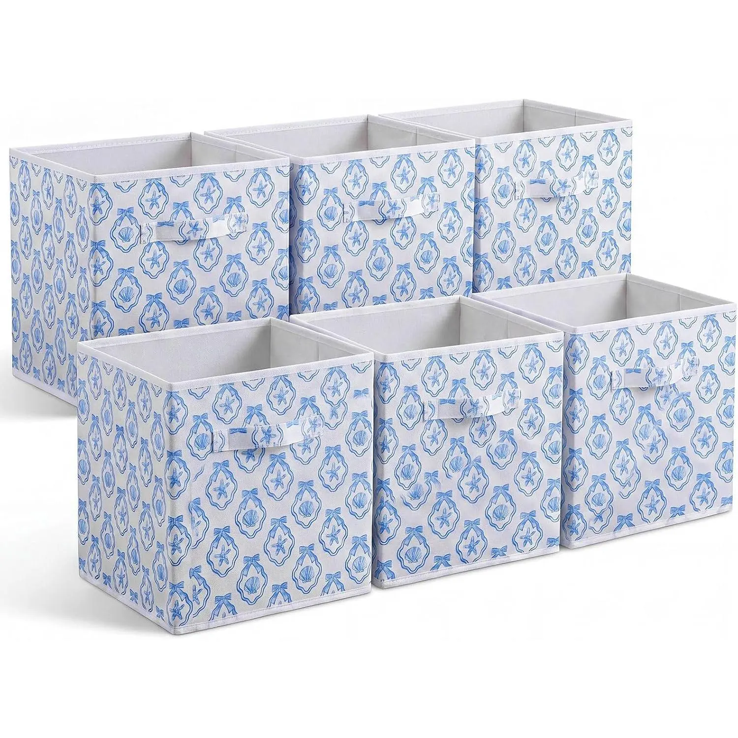 6 count Blue Bow Seashell Storage Bins 11 Inch Summer Beach Storage Basket with Handle, Coastal Organizer Basket,  Collapsible Fabric Box for Classroom Bedrooms Office  Decoration