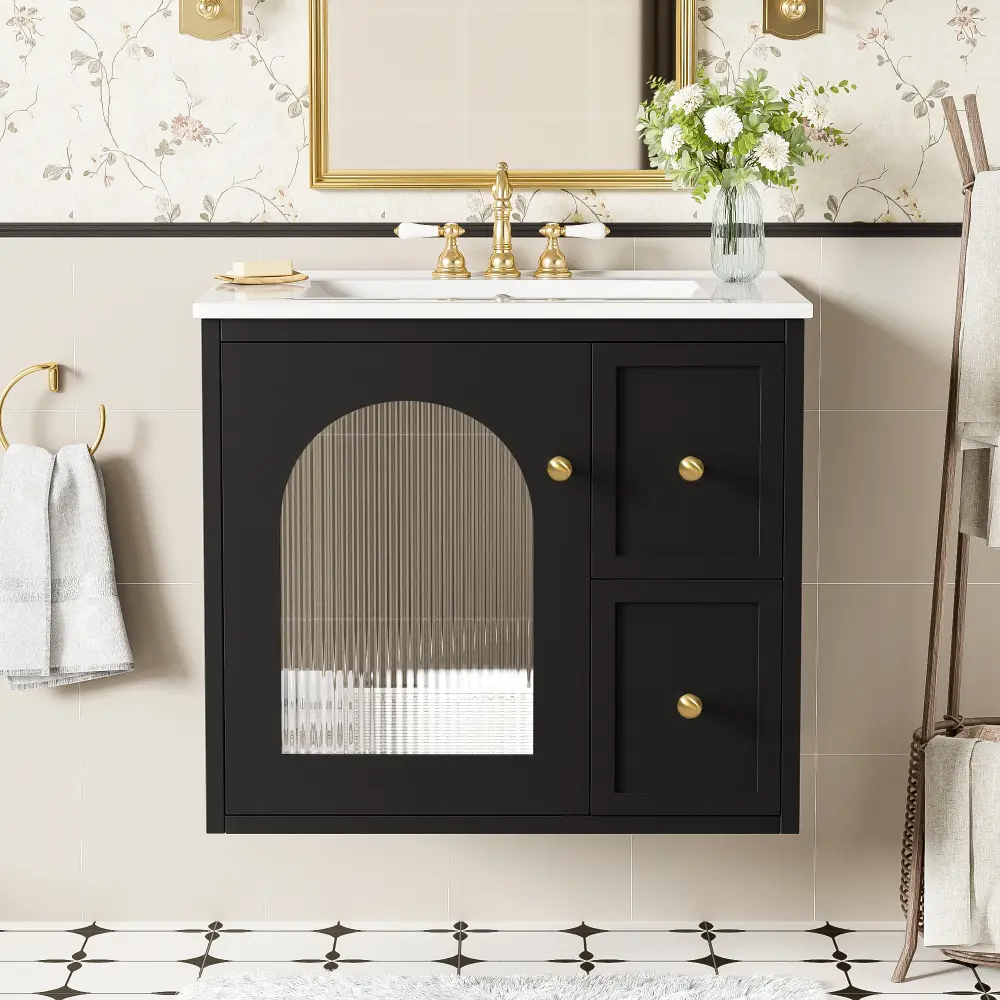 24 Inch Wall Mounted Bathroom Vanity Set with Ceramic Sink, Modern Floating Bathroom Cabinet for Small Space, 2 Drawers & Soft Close Door, Compact Bathroom Storage Vanity Unit, Contemporary Wash Basin Vanity for Apartment, Powder Room, Guest Bathroom