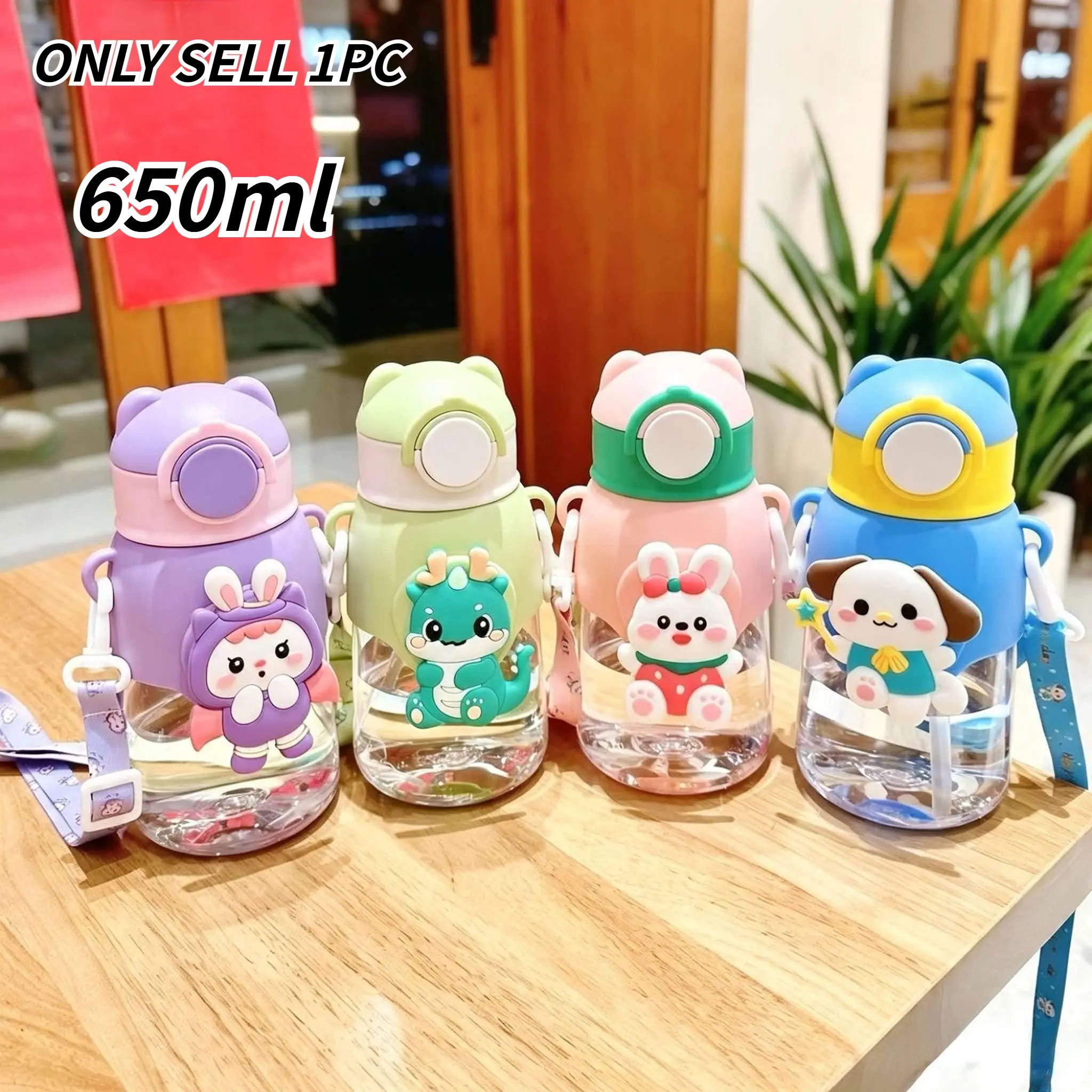 Straw Plastic Cup, Cartoon Bear Strap, Food Grade Water Bottle, Large Capacity, Portable Outdoor Water Jug